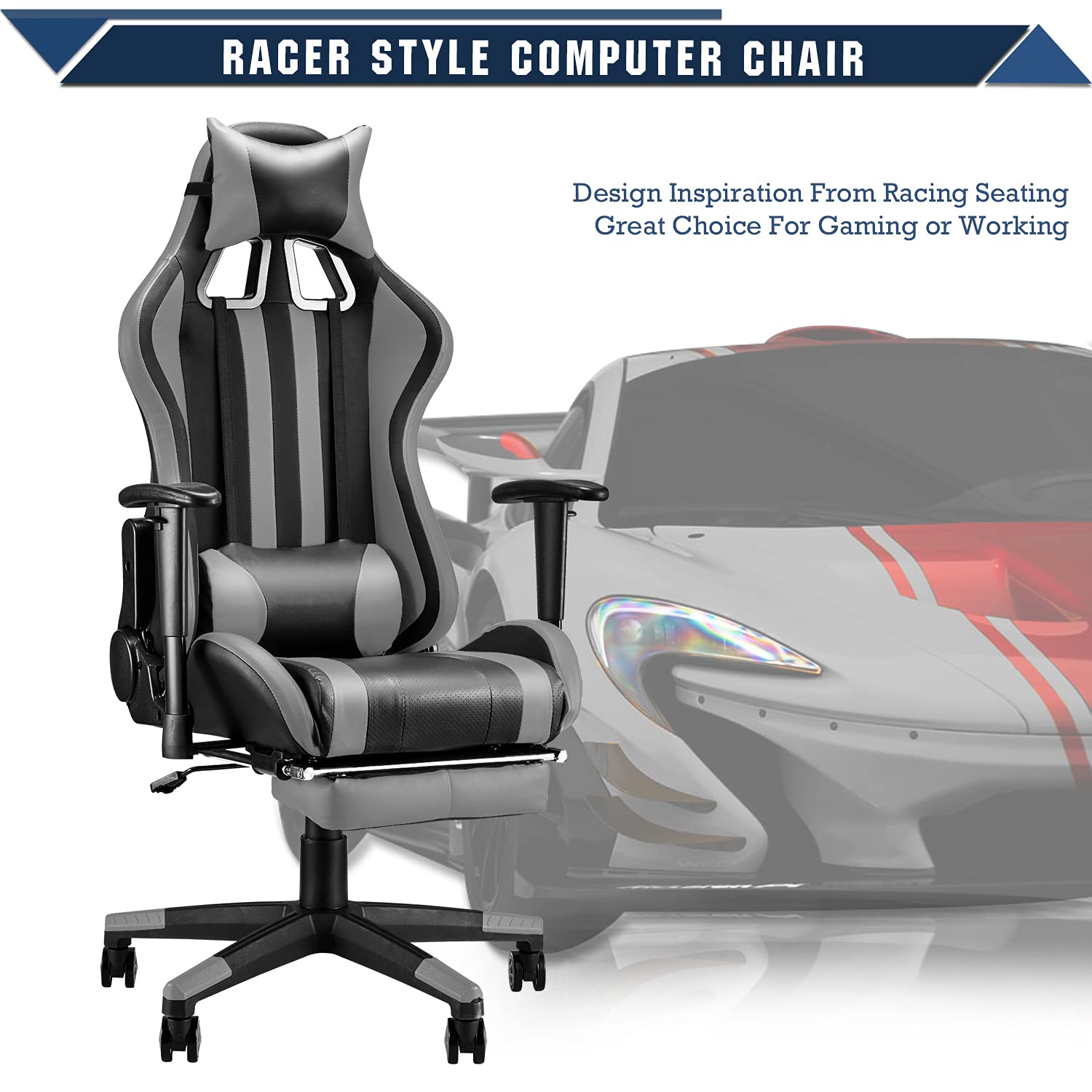 Soontrans Ergonomic Racing Style Gaming Chair with Adjustable Footrest, Headrest & Lumbar Support - High Back Computer Desk Chair for PC Gamers, Office Workers & Home Use (Black/Gray) - Perfect for Esports, Streaming & Long Work Sessions