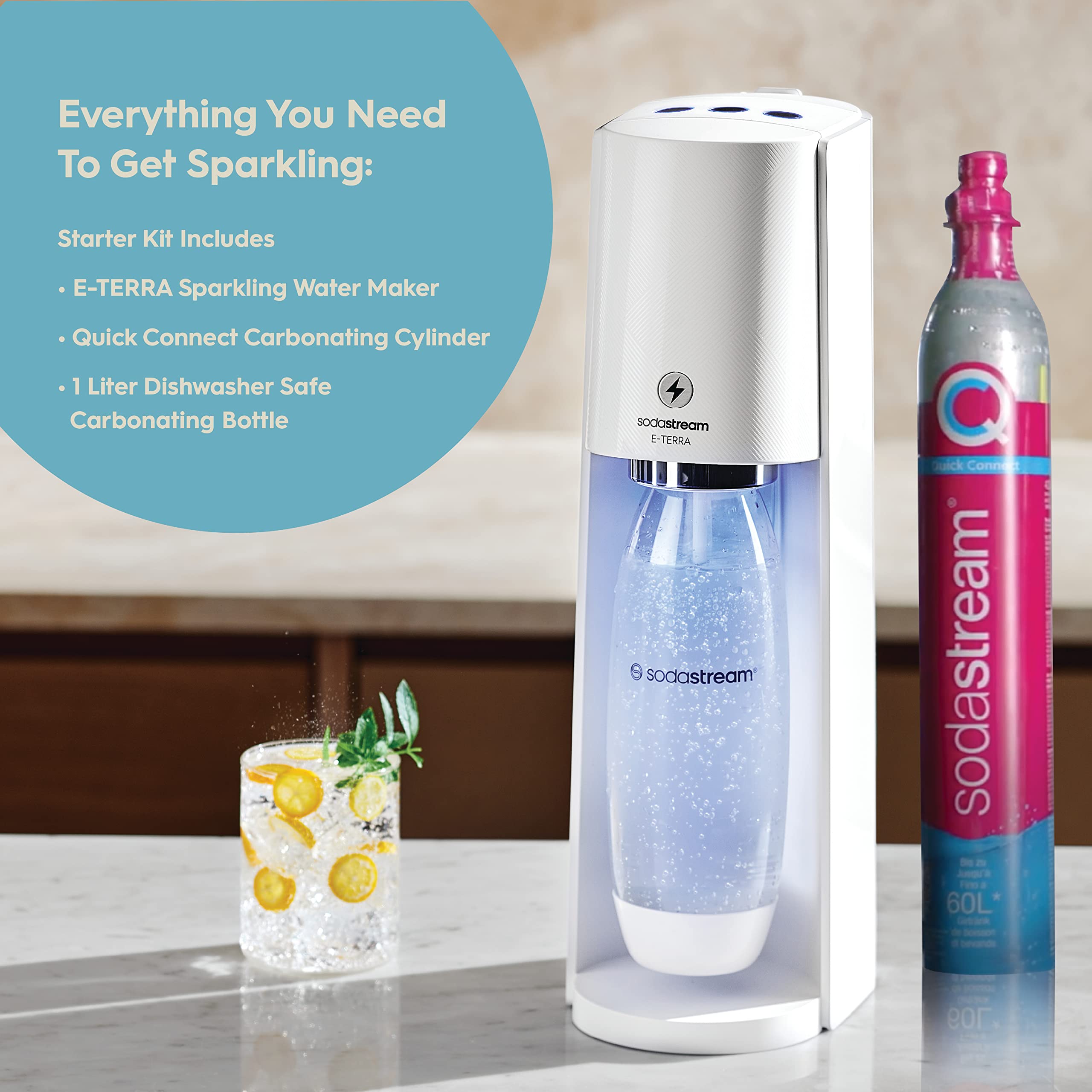 SodaStream E-TERRA Sparkling Water Maker Kit - White Home Soda Machine with CO2 Cylinder & Carbonating Bottle - Perfect for Healthy Homemade Sparkling Water, Cocktails & Party Drinks