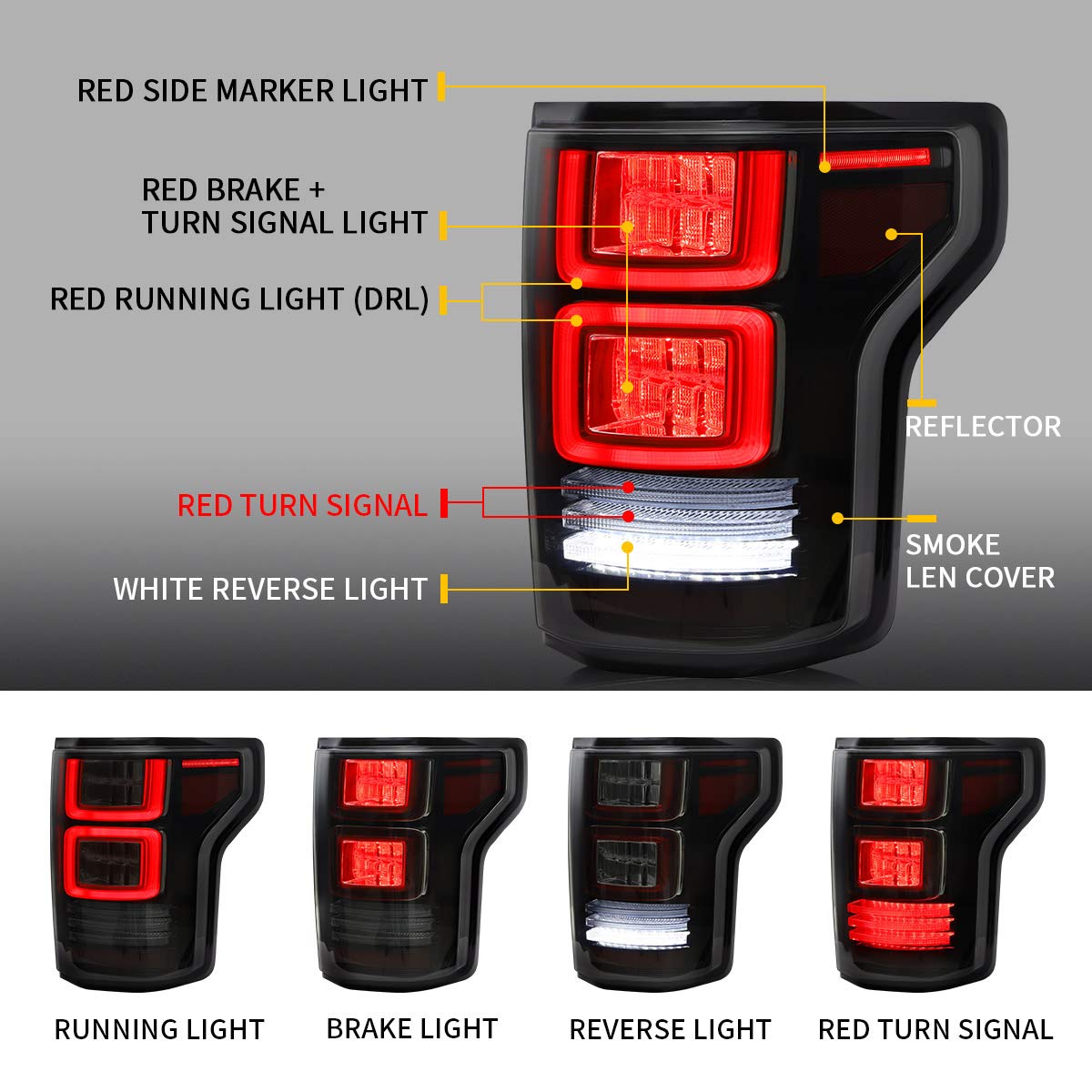 VLAND LED Tail Lights for Ford F150 Pickup 2015-2020 - Smoked Lens with Red Turn Signals - Direct Replacement for Halogen Factory Lights (Not Compatible with XLT/Lariat, BLIND Model & Factory LED Version) - Perfect for Night Driving & Enhanced Vehicle Style
