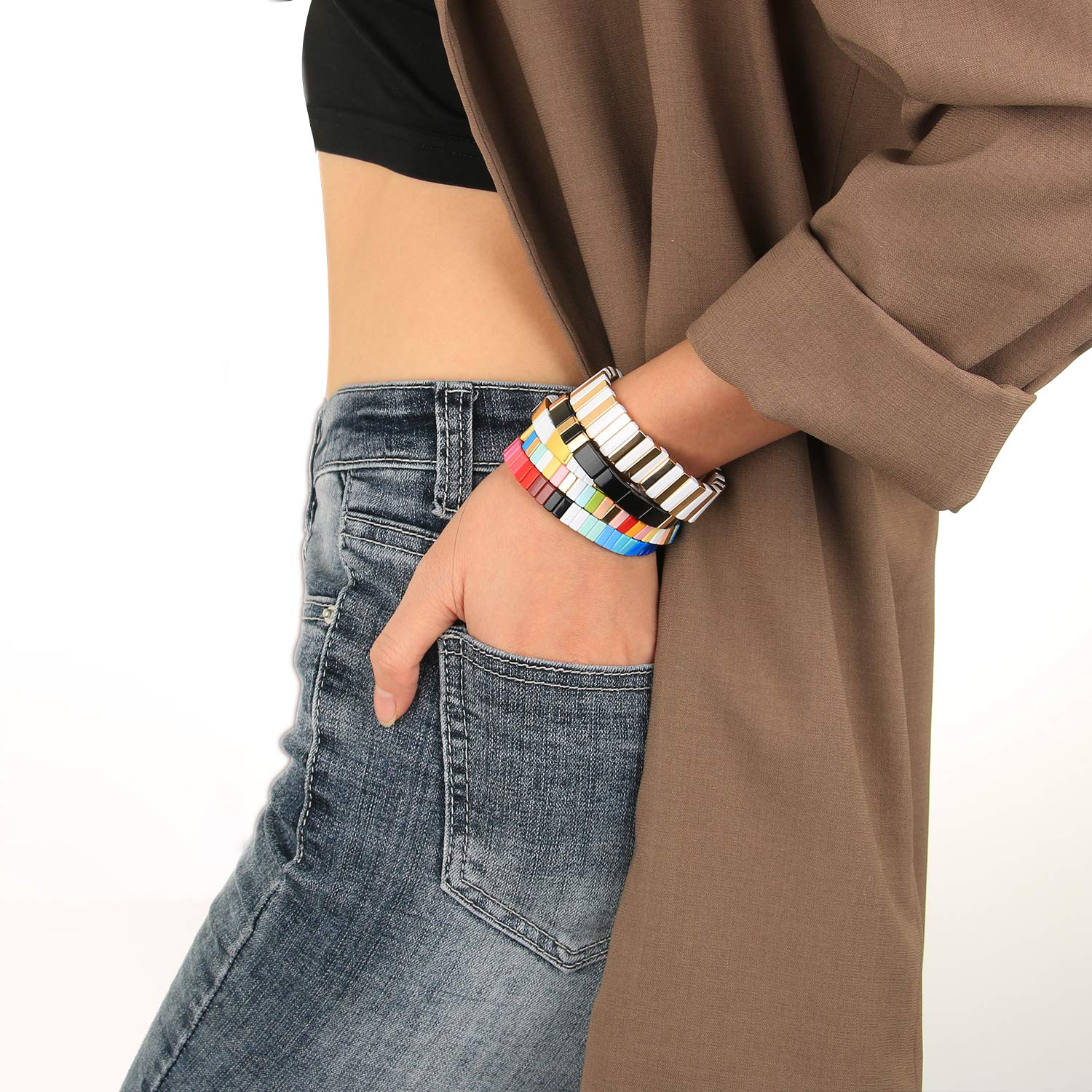 KELITCH Women's Stretch Beaded Bracelet Set - Colorful Enamel Arrow & Square Charm Bangles for Casual & Party Wear | Trendy Stackable Jewelry Gift for Her