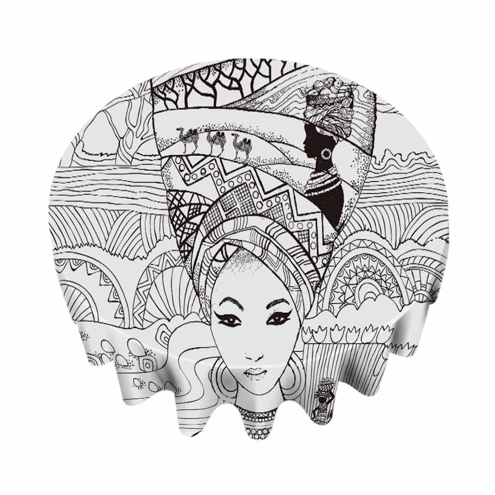 African Print Round Tablecloth 60 Inch - Beautiful Black & White African Woman Landscape Design for Dining Room, Party, Picnic, Patio Decor | Waterproof & Washable Table Cover for Indoor & Outdoor Use