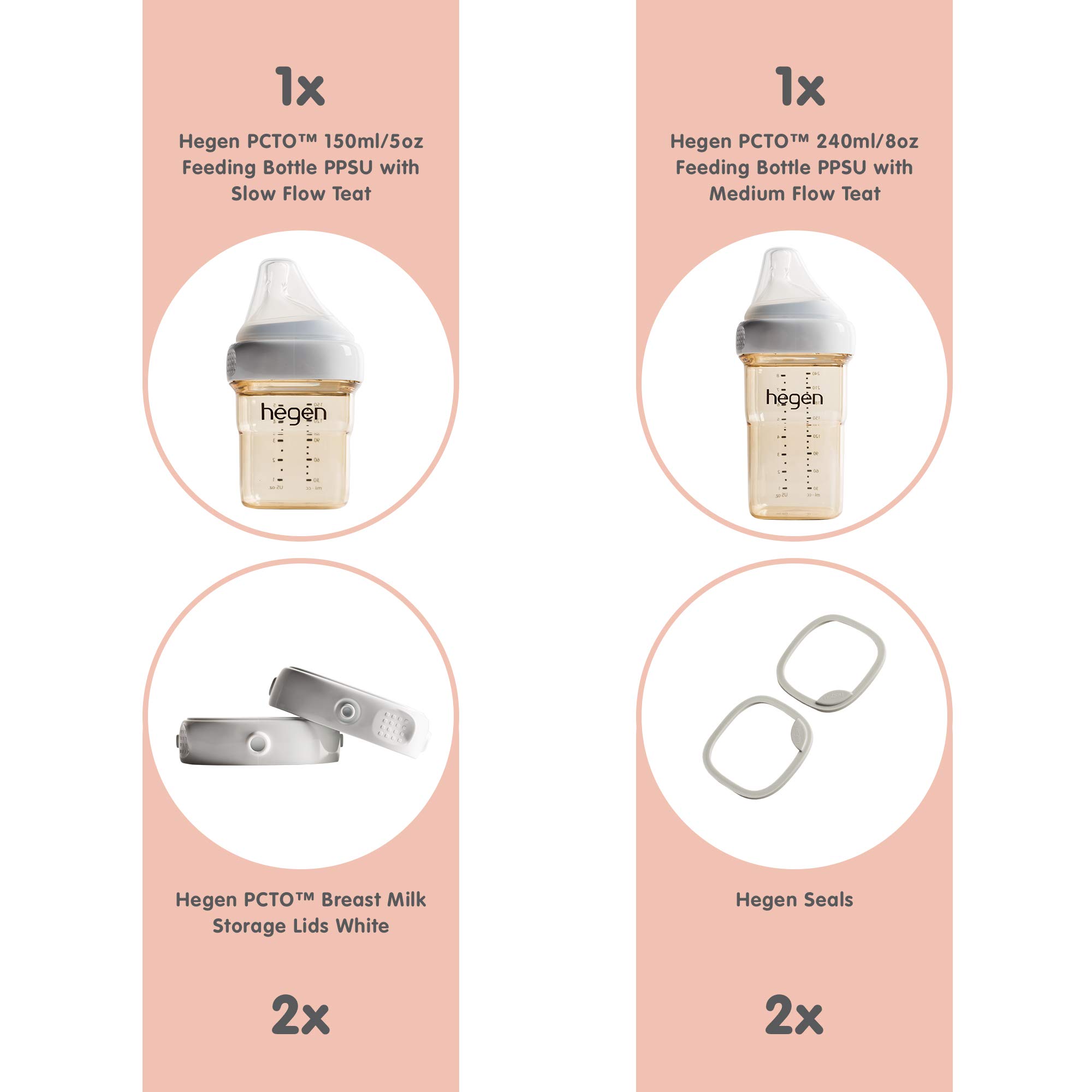 Hegen Newborn Baby Bottle Basic Starter Kit - PPSU Baby Bottles with Medium & Slow Flow Teats - Includes Breast Milk Storage Lids & Secure Seals - Perfect for Breastfeeding, Travel, and On-the-Go Feeding