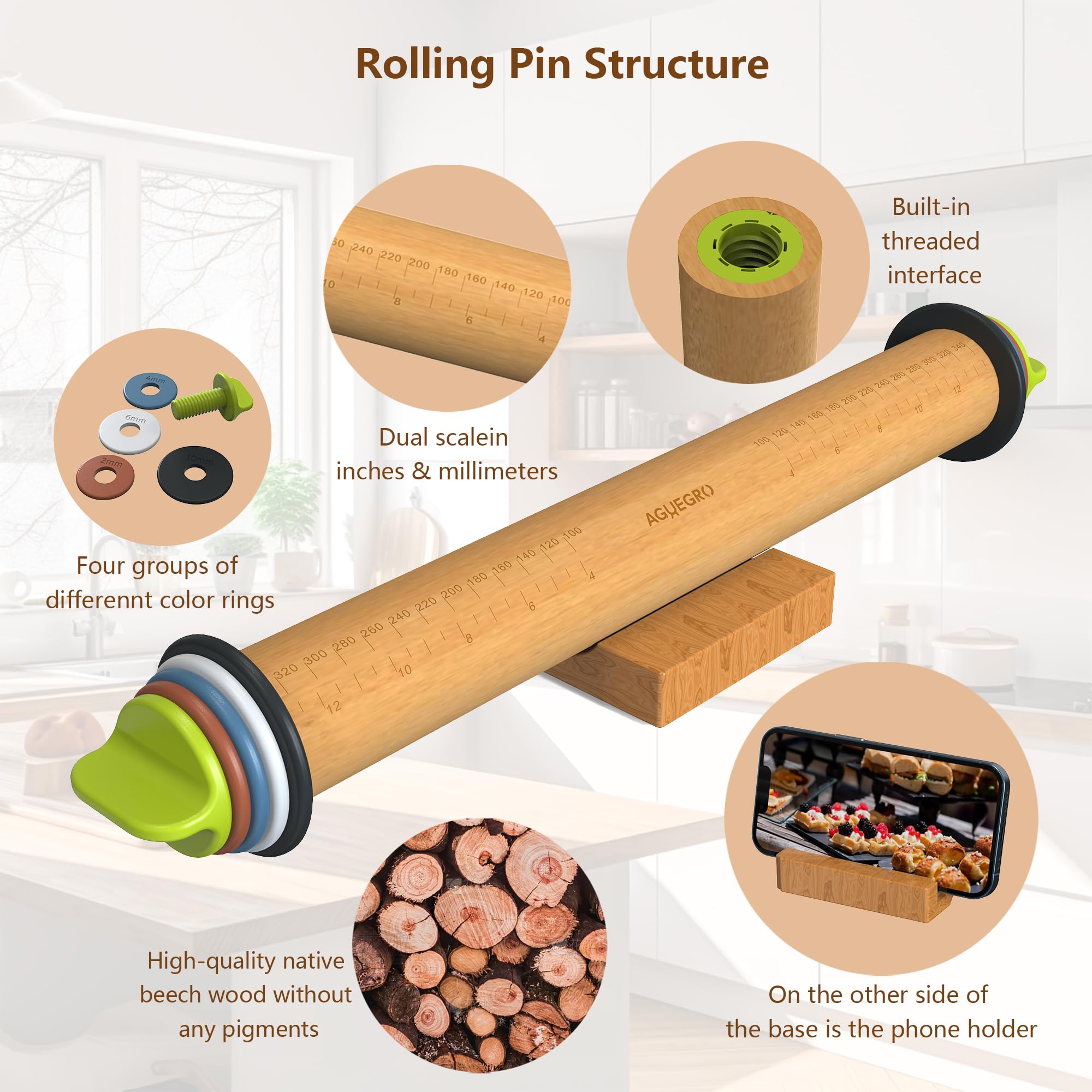 Adjustable Thickness Wooden Rolling Pin for Baking - 13.6