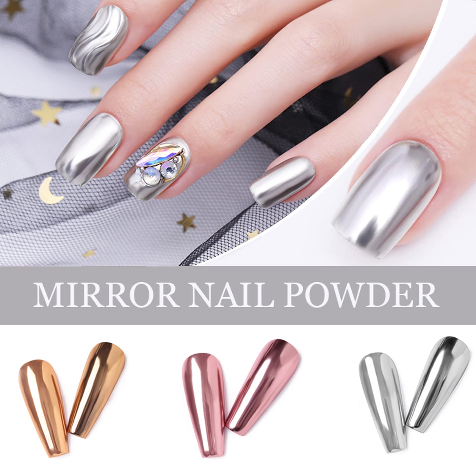 Chrome Nail Powder 3 Pack - Metallic Nail Art Aurora Powder with Magic Mirror Effect - Gold Silver Rose Gold Glitter for Nail Designs - Perfect for Salon, DIY Manicures & Special Occasions