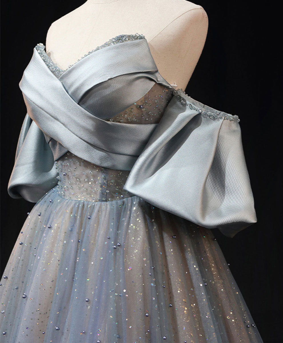 Elegant Blue A-Line Tulle Long Prom Dress with Beading | Formal Evening Gown for Homecoming, Ball & Special Occasions