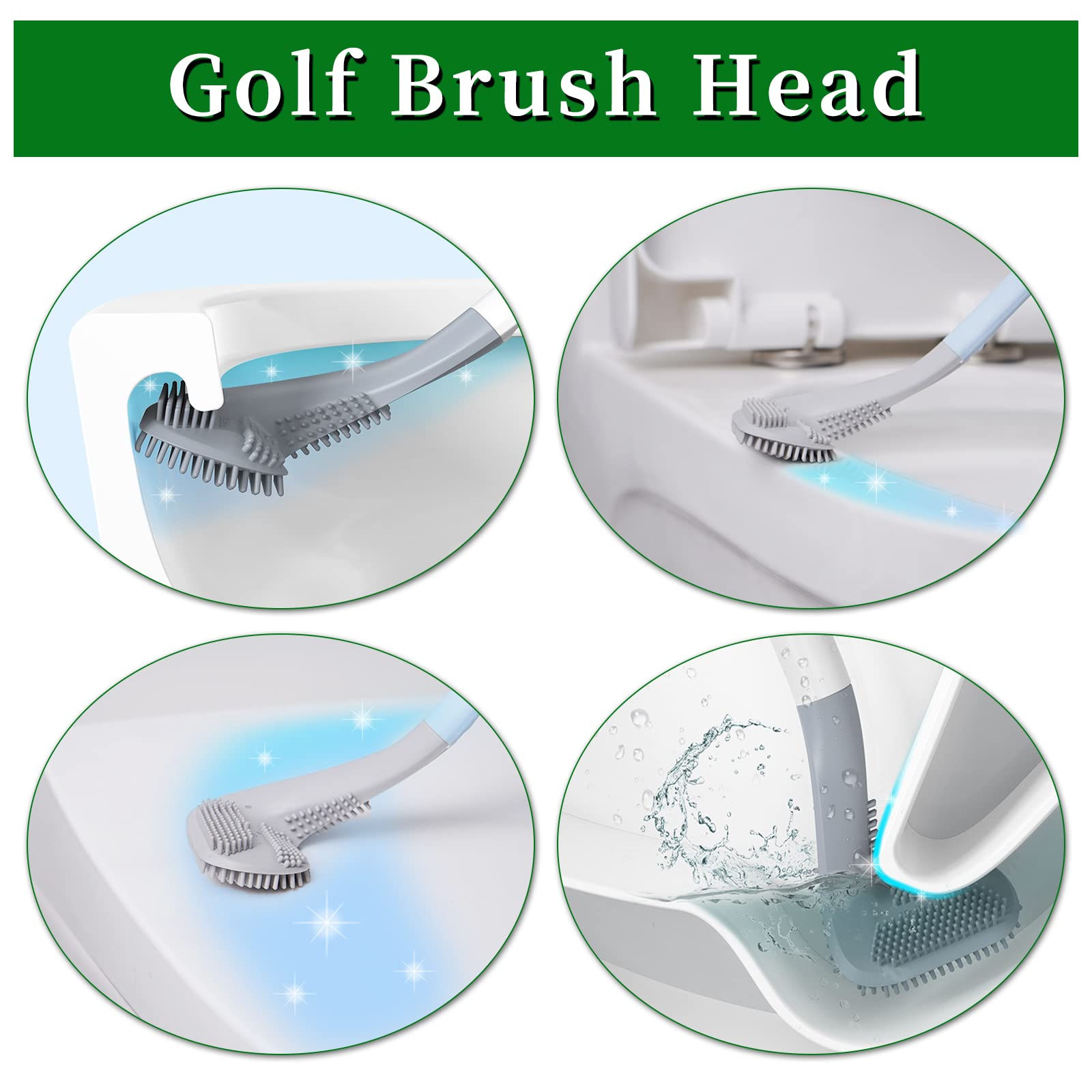 FuninCrea 2-Pack Golf Head Toilet Brush Set - Long Handle Silicone Toilet Brush with Hooks, Non-Stick Hair Removal, 360° Deep Cleaning for Bathroom & RV - Blue (Perfect for Golf Lovers & Small Spaces)
