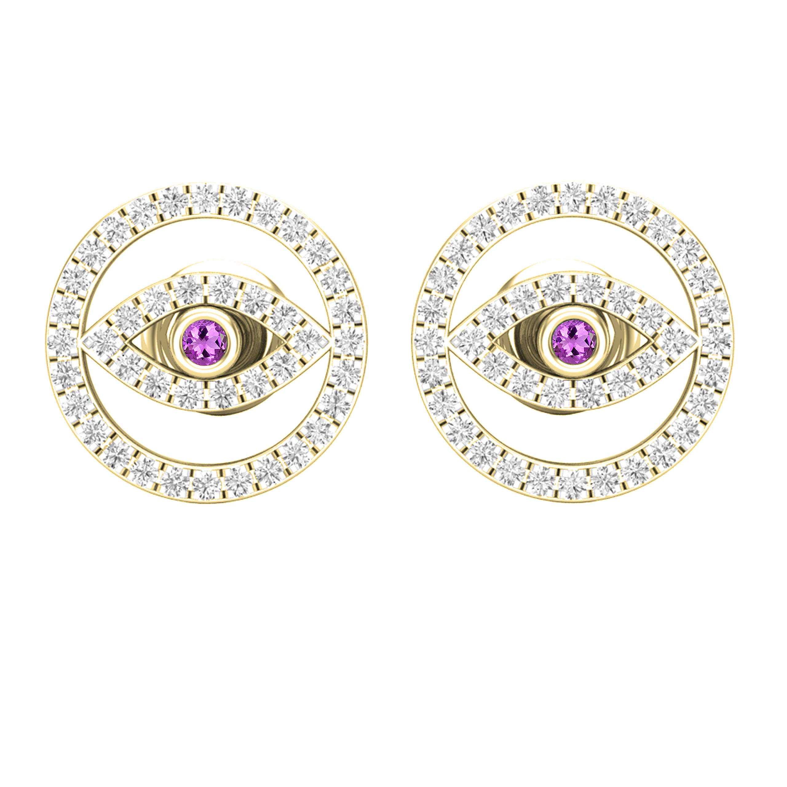 14K Solid Gold Round Amethyst & White Diamond Evil Eye Stud Earrings for Women - Dazzlingrock Collection | Protection Jewelry for Everyday Wear, Gift for Her, Spiritual Healing Accessory