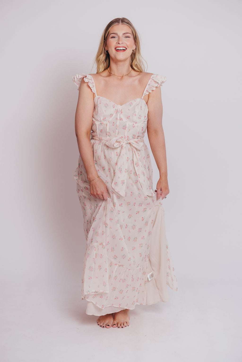 Rosamund Bustier Style Maxi Dress - Floral Blush Pink Women's Plus Size Dress (S-3XL) | Perfect for Weddings, Parties & Summer Vacations
