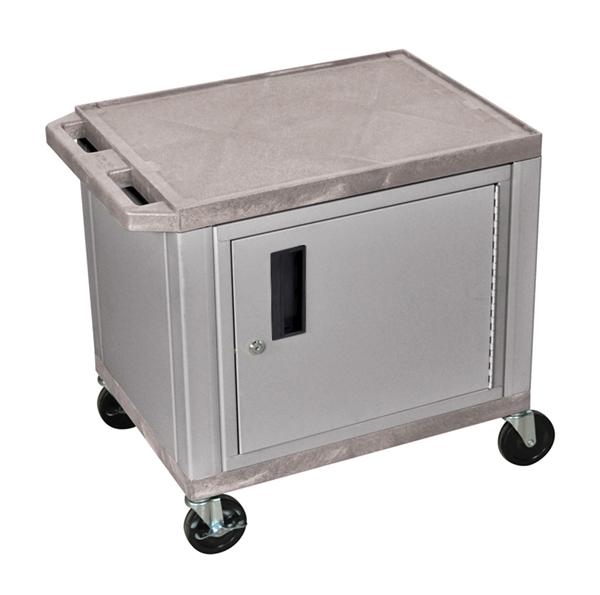 Luxor Tuffy Gray 2 Shelf AV Cart with Nickel Legs, Cabinet & Electric Outlet - Perfect for Classroom, Office, or Home Theater Media Storage