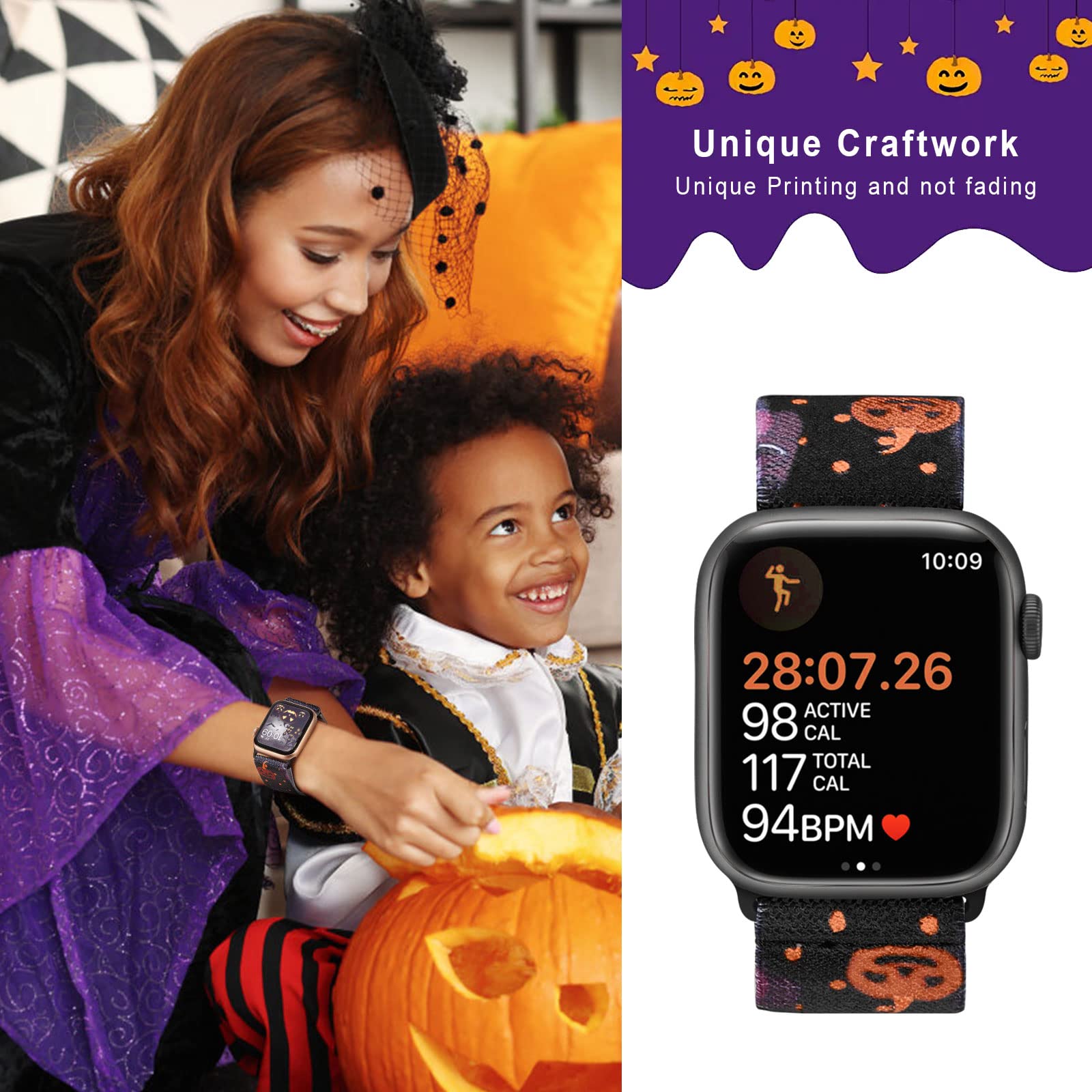 Stretchy Nylon Apple Watch Bands 38mm 40mm 41mm - Adjustable Sport Elastic Straps Compatible with iWatch Series 9/8/7/6/5/4/3/2/1/Ultra/Ultra 2/SE (4 Pack) - Perfect for Halloween, Workouts & Everyday Wear