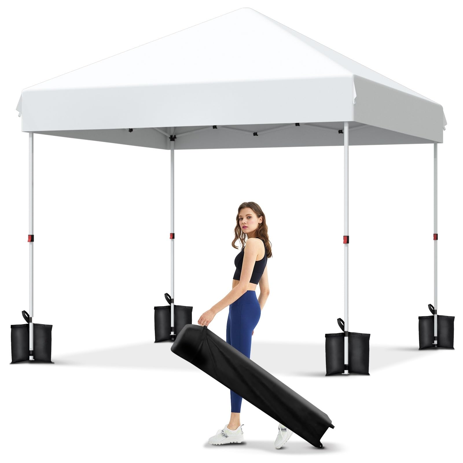 10x10 Pop Up Canopy Tent - Instant One-Button Setup Portable Shelter with Carry Bag - Adjustable Height 3 Positions & 4 Sandbags - Perfect for Camping, Beach, Backyard Parties, Sports Events, and Outdoor Gatherings - White