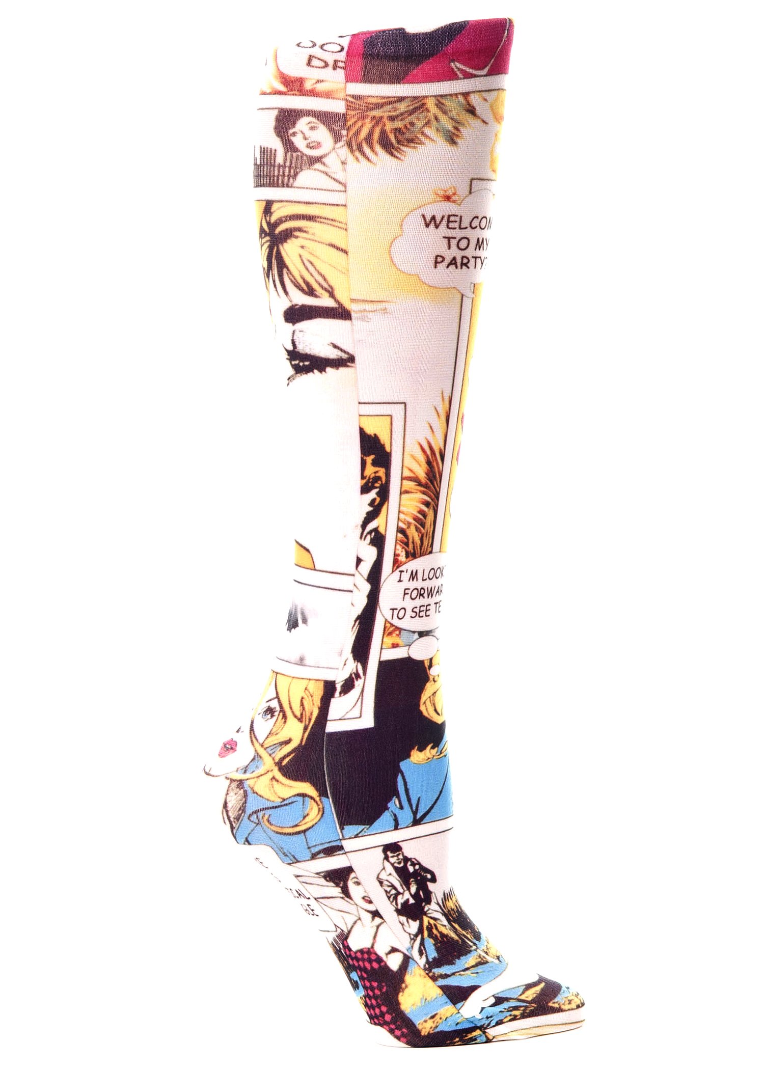 Celeste Stein Therapeutic Compression Socks 8-15 mmHg for Circulation & Pain Relief - Fun Comic Print - Lightweight 0.6 oz - Perfect for Travel, Nurses & Varicose Vein Support
