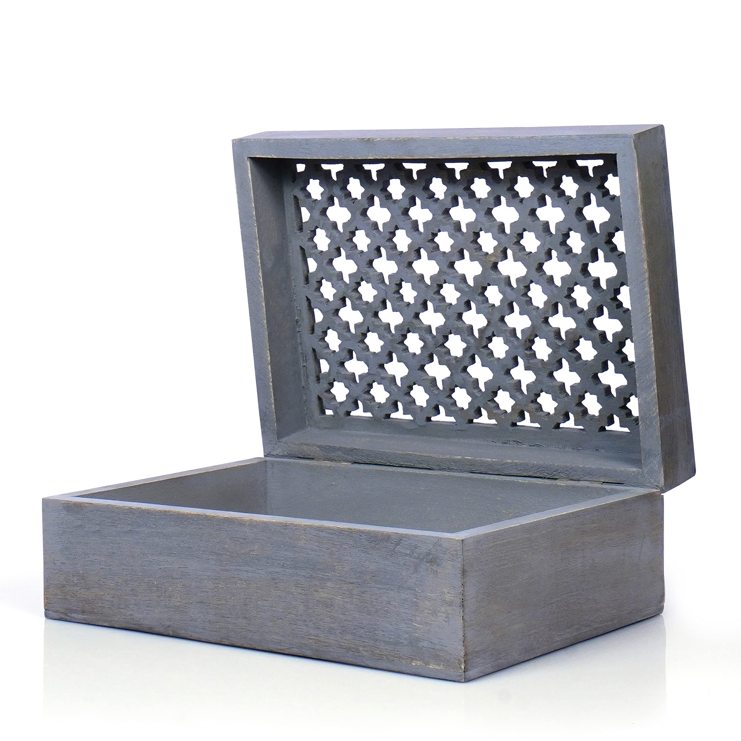 Extra Large Decorative Wooden Jewelry Box with Hinged Lid - Trellis Design Distressed Dove Grey Storage Box (10.5x7.5x4 Inch) - Perfect for Jewelry Organization, Keepsake Storage & Home Décor