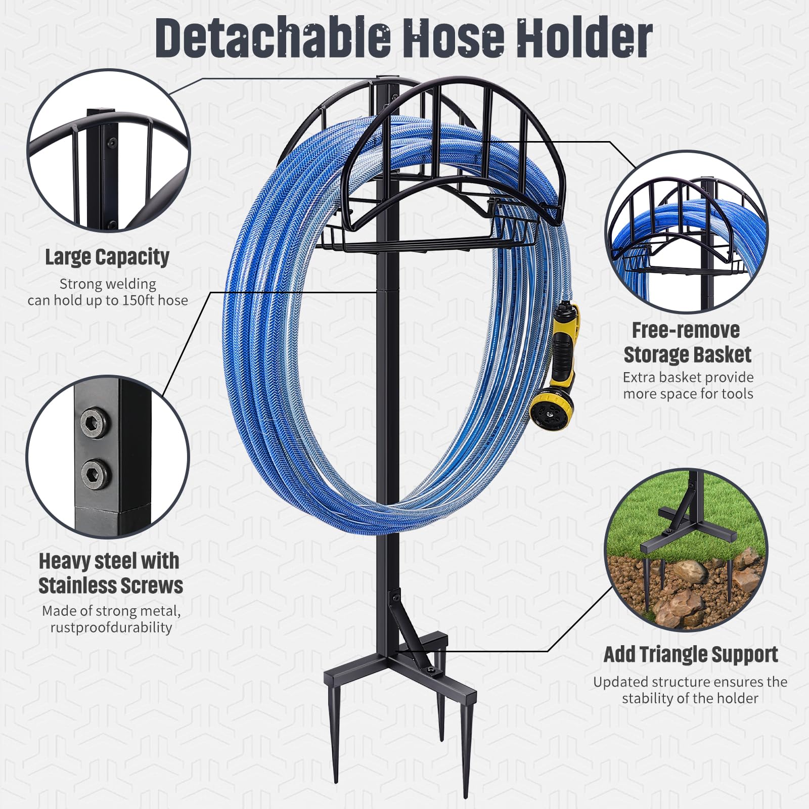 Freestanding Garden Hose Holder with Detachable Tool Storage Basket - Outdoor Water Hose Organizer for Lawn, Yard & Garden - Perfect for Backyard, Patio, and Garage Storage