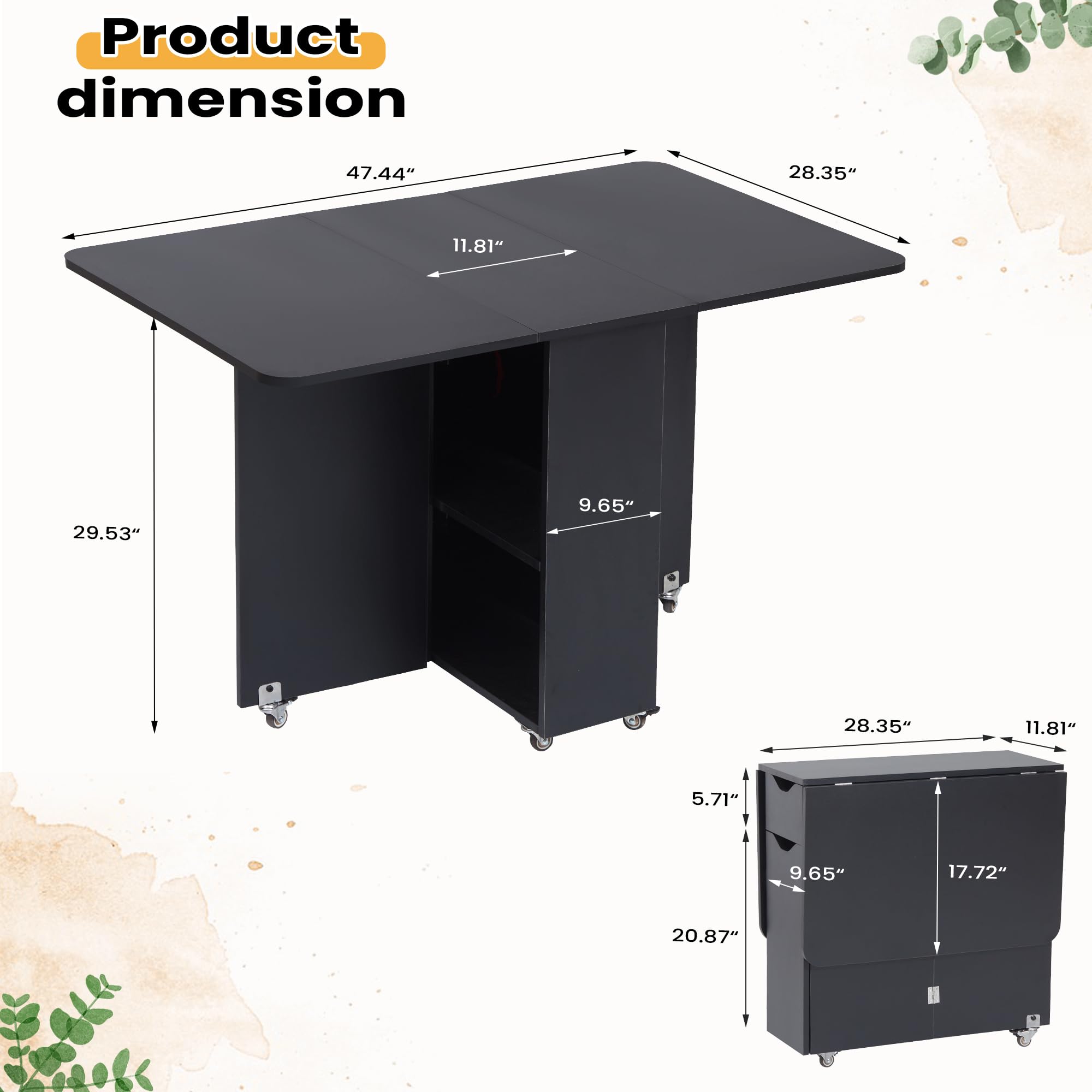 Space Saving Drop Leaf Folding Dining Table with Lockable Wheels & Storage Drawer - Extendable Kitchen Table for Small Apartments, Breakfast Nook, Studio Living & RV Homes