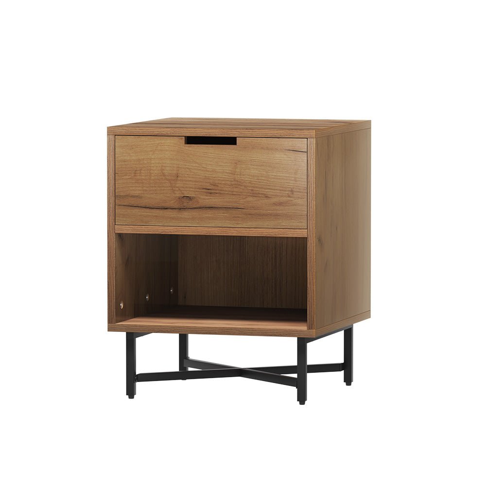 Industrial Style Oak Bedside Table with Drawer - Nightstand for Bedroom, Living Room & Office - Rustic Wood Night Stand with Storage