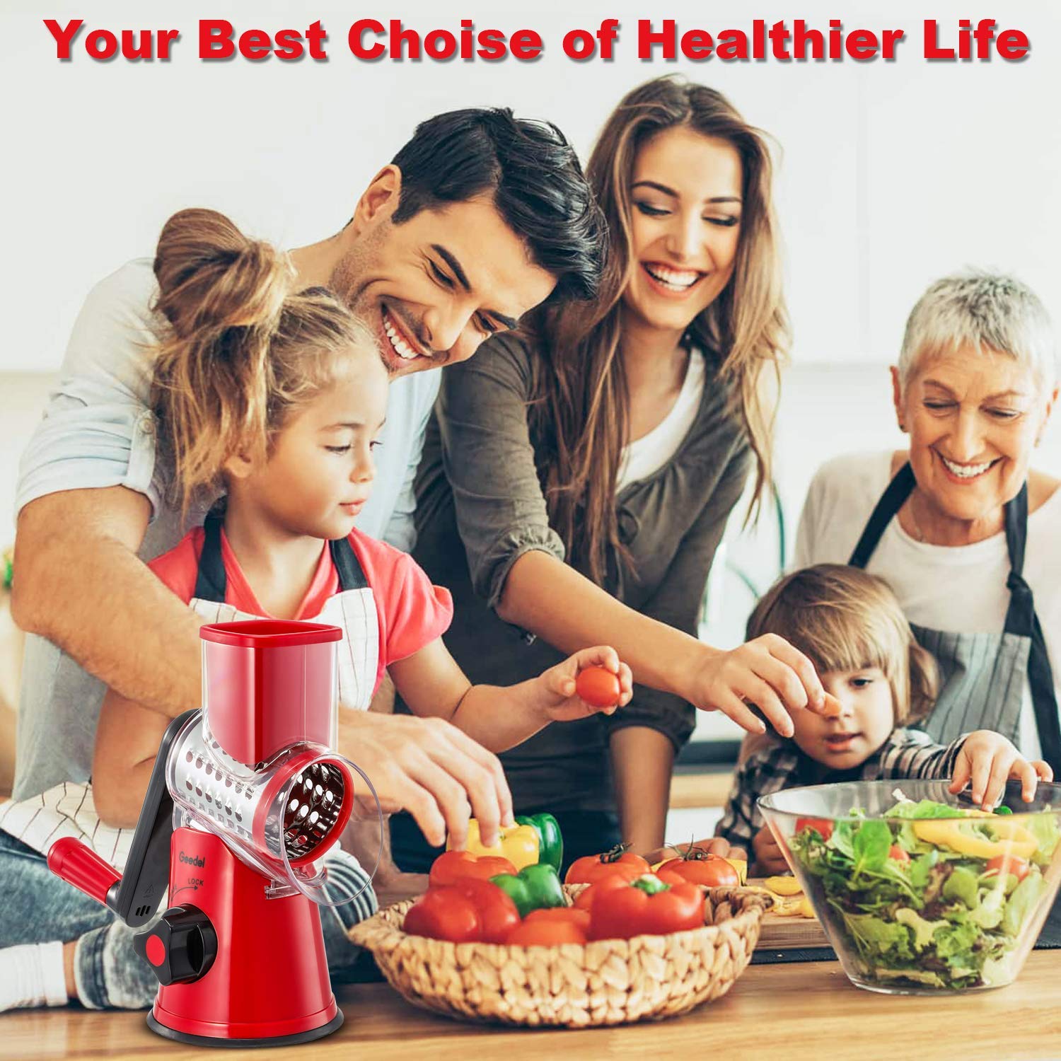 Geedel Rotary Cheese Grater & Vegetable Slicer - 2 Interchangeable Blades for Fruits, Veggies, Nuts - Easy Clean Kitchen Mandoline - Perfect for Salads, Pasta Garnish & Meal Prep