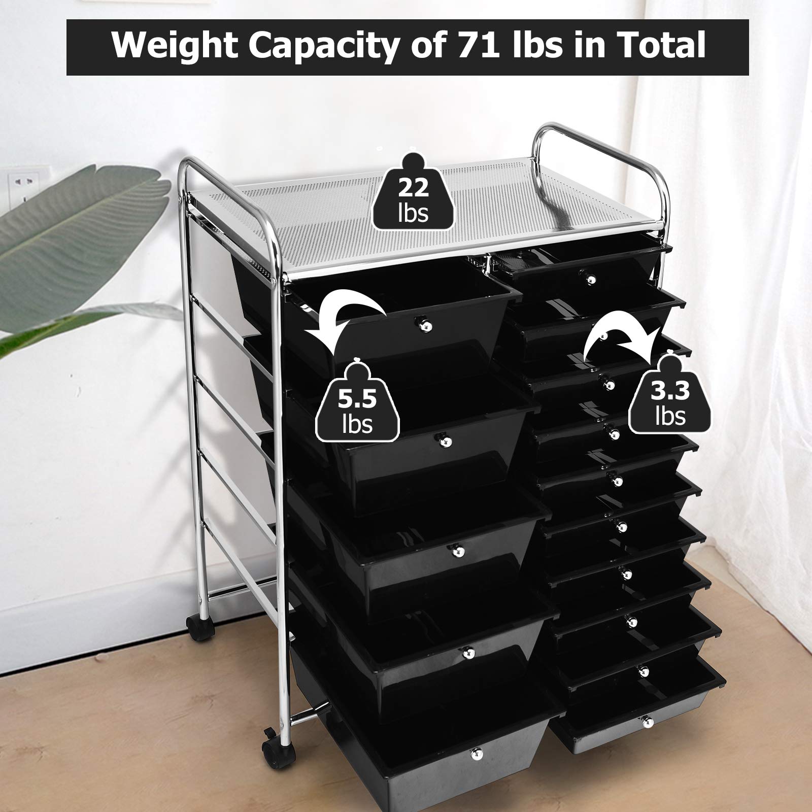 Byroce 15-Drawer Rolling Storage Cart - Mobile Organizer for Art Supplies, School Tools & Office Paper - Multipurpose Wheeled Craft Cart for Classroom, Home & Office (Black) | Perfect for Teachers, Artists & Home Organization