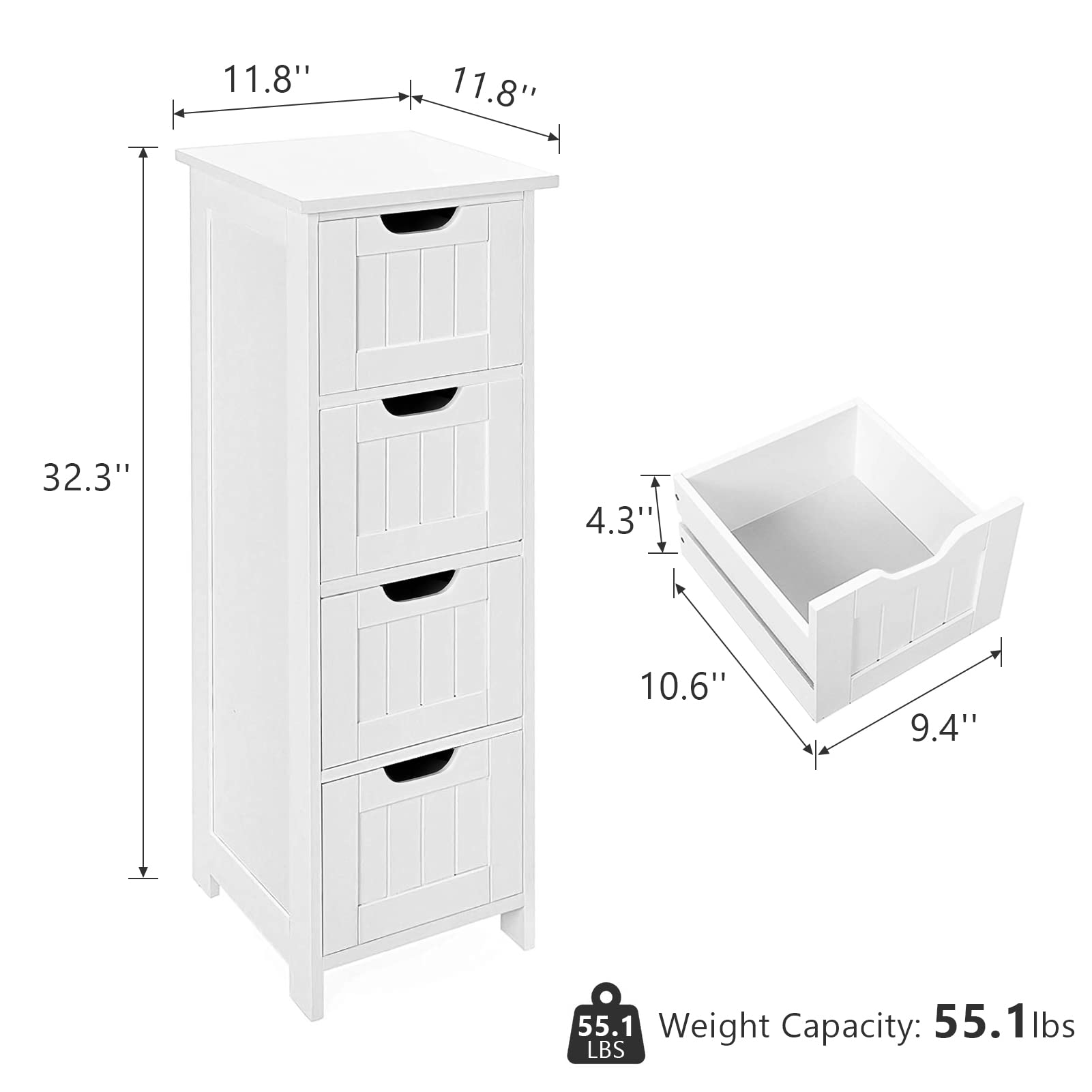 White Bathroom Floor Cabinet with 4 Drawers - Wooden Storage Organizer for Bathroom, Living Room, Bedroom & Hallway - Perfect for Small Space Organization & Home Decor