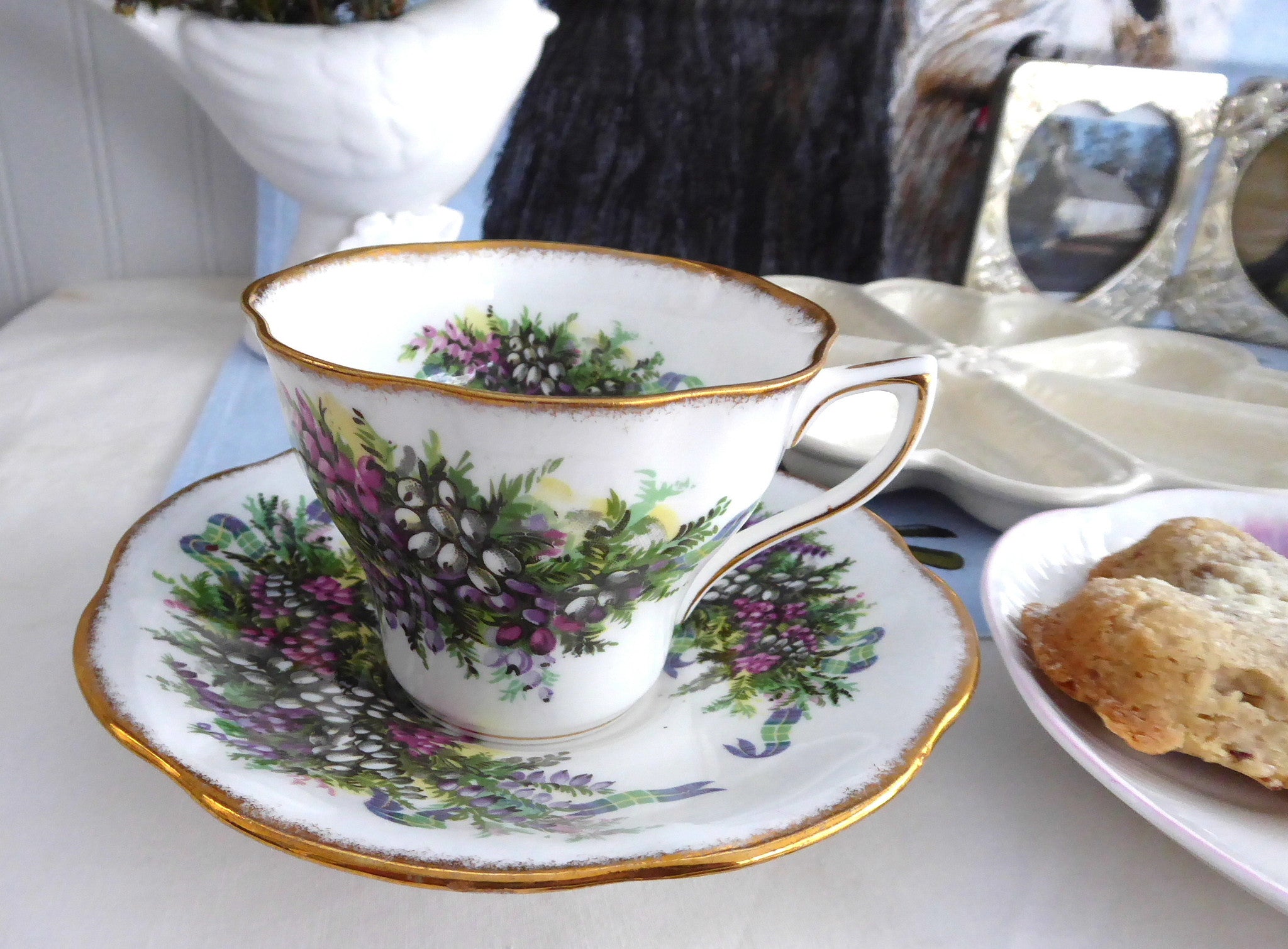 Vintage 1950s Scottish Heather Rosina Cup and Saucer Set - Pink, Purple & White Tartan Ribbon Design - Perfect for Afternoon Tea, Collectibles & Scottish-Themed Decor