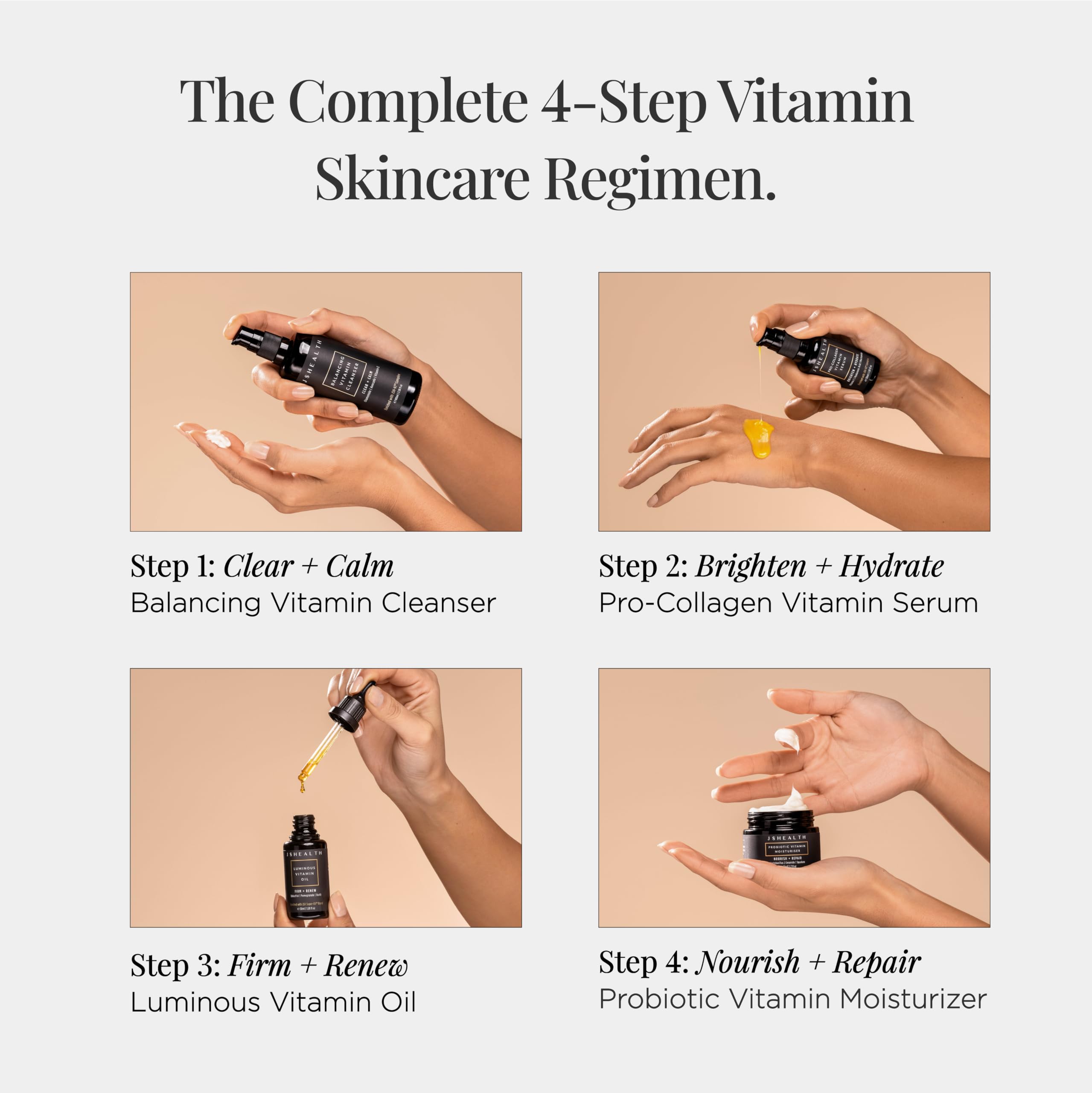 JSHealth 4-Step Vitamin Skincare System - Complete Daily Skin Care Routine with Vitamin C Serum, Hydrating Moisturizer, Nourishing Face Oil & Gentle Facial Cleanser | Brightening, Anti-Aging & Glowing Skin for Day & Night Use