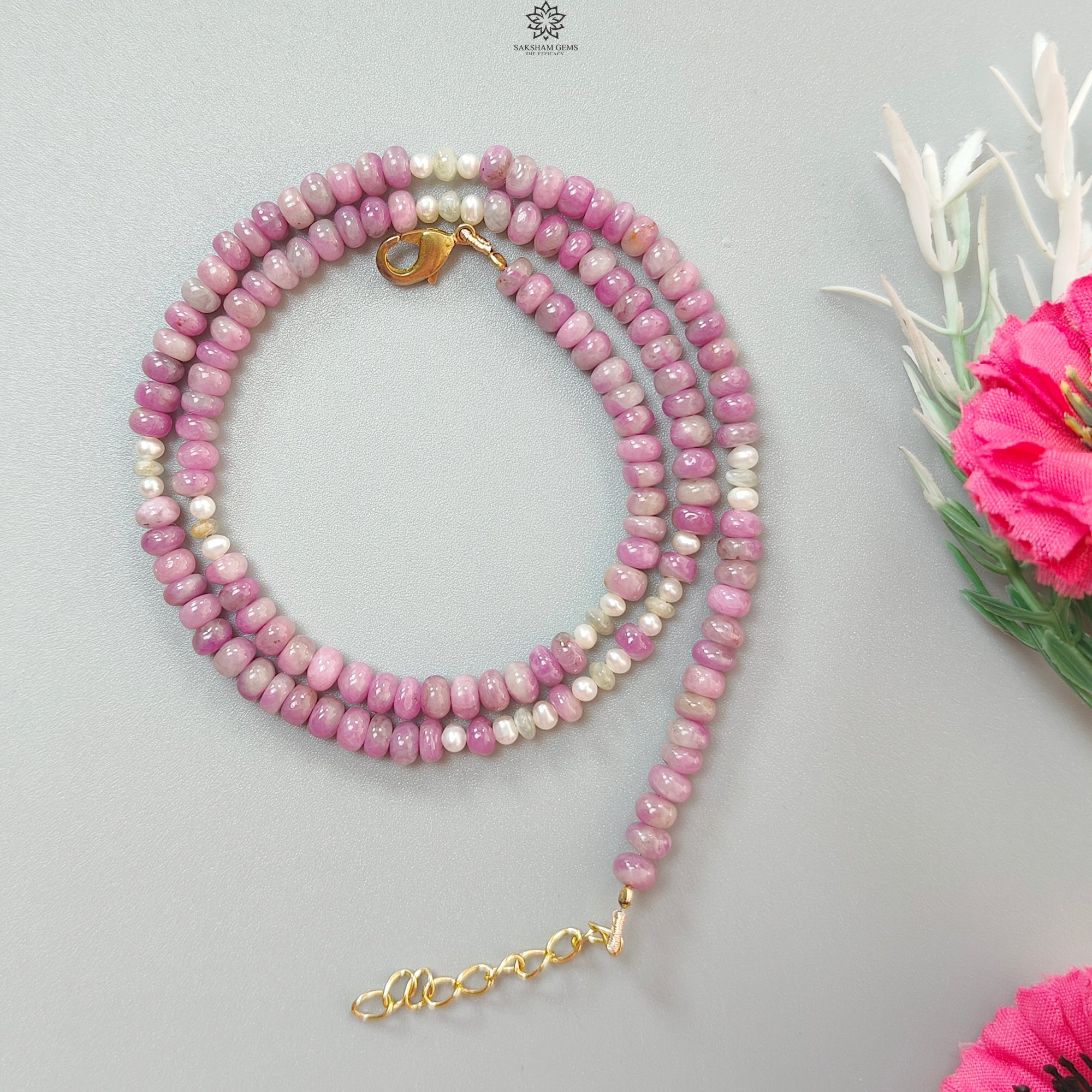 Natural Ruby Gemstone Beads Necklace - 21.85g Untreated Ruby with White Pearl & Cat's Eye Brass Rondelle Beads (4.5mm-5mm, 18