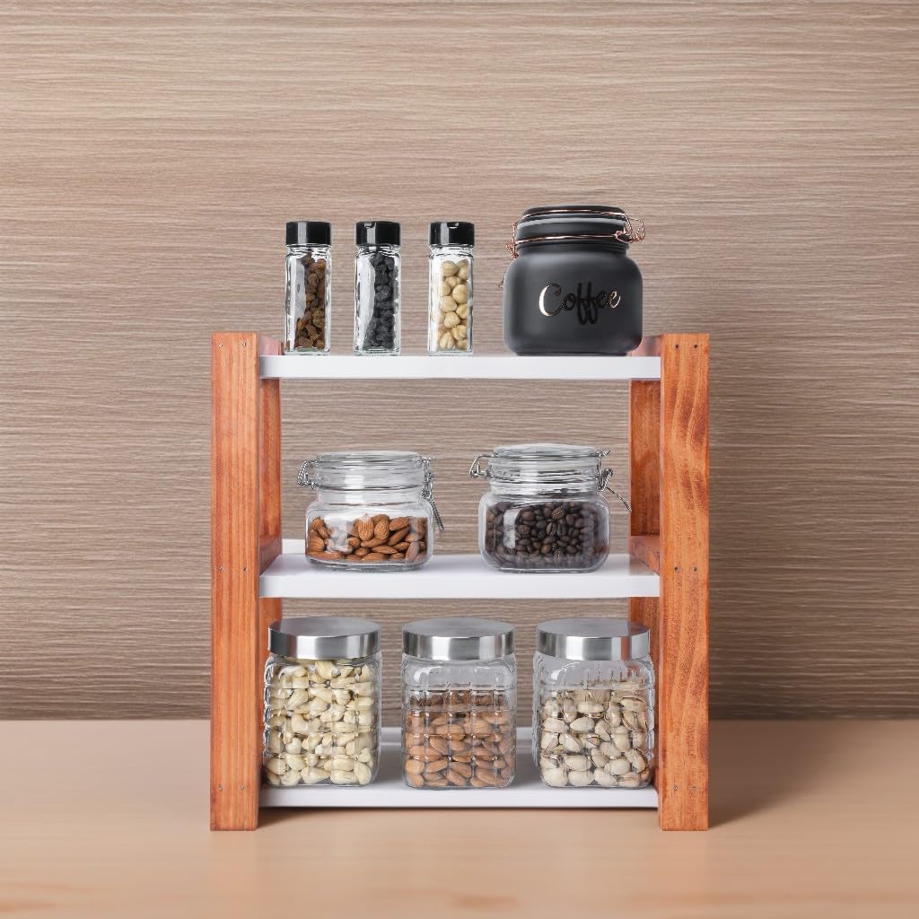 ABTRIX 3-Tier Wooden Spice Rack Organizer - Countertop & Desktop Storage for Kitchen, Pantry, Office - Perfect for Organizing Spices, Seasonings, Herbs & Small Items (Medium Size) - Ideal for Home, Kitchen Counter, Pantry Organization & Office Desk Accessories