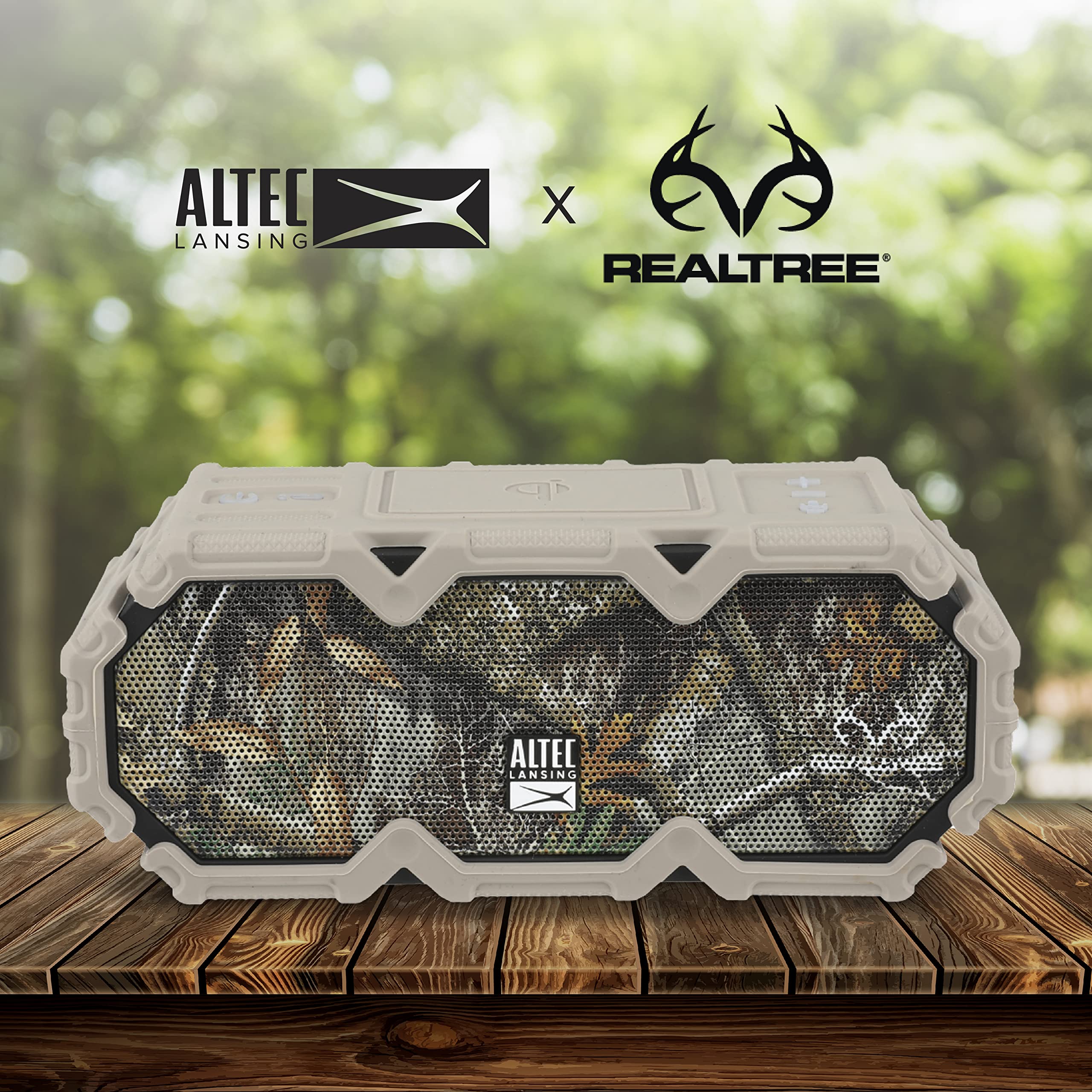 Altec Lansing x Realtree® IMW580 Rugged Bluetooth Speaker with Qi Wireless Charging | 20-Hour Battery Life | IP67 Waterproof | Heavy-Duty Design | LED Lights | 100ft Wireless Range | Voice Assistant | Perfect for Camping, Hiking & Outdoor Adventures