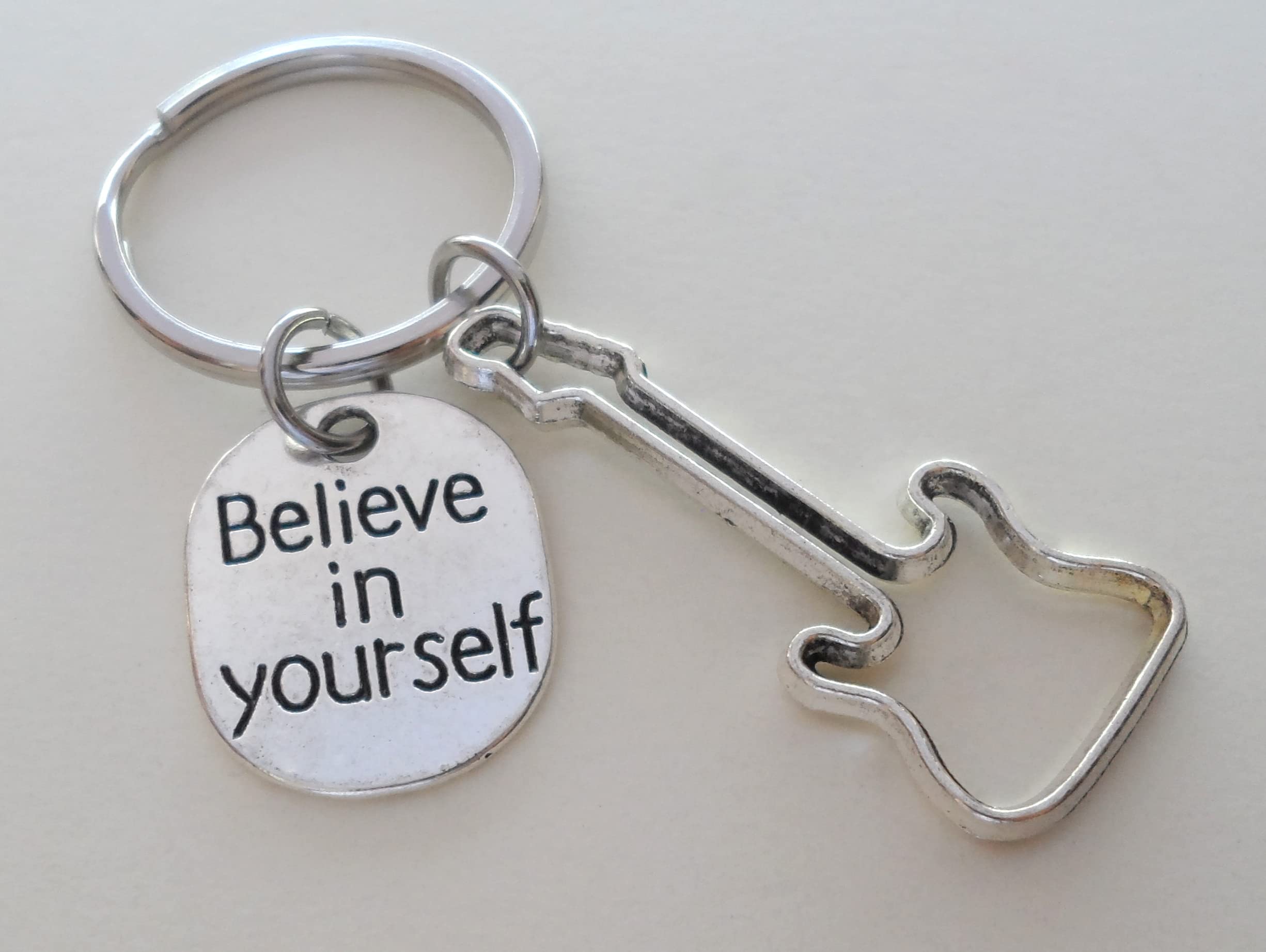 Guitar Player Charm Keychain - Guitar Shaped & Inspirational 'Believe in Yourself' Pendant - Perfect for Musicians, Music Lovers & Gift Giving