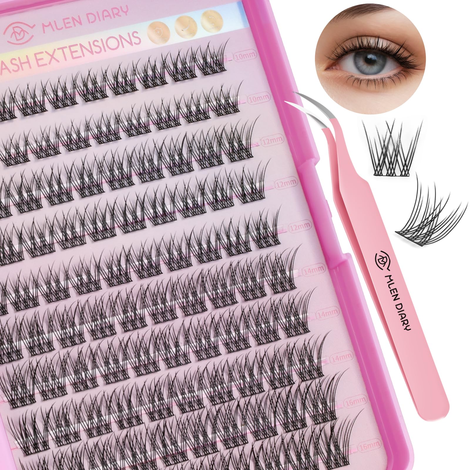 100 Pcs 10-16mm D Curl Wispy Eyelash Clusters - Super Thin Band Manga Natural Look DIY Eyelash Extension Kit with Tweezers for Home Use, Party & Special Occasions