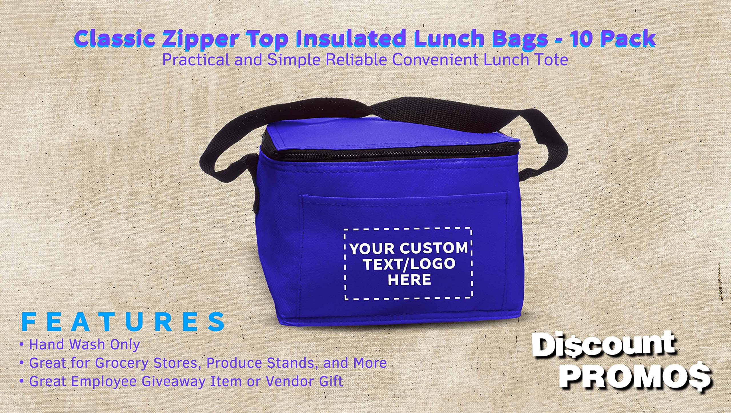 10 Pack Insulated Lunch Bags with Zipper Top - Custom Text & Logo Printing - Non-Woven Fabric, Vibrant Colors, Black Strap (Blue) - Perfect for School, Office, Picnics & Outdoor Activities