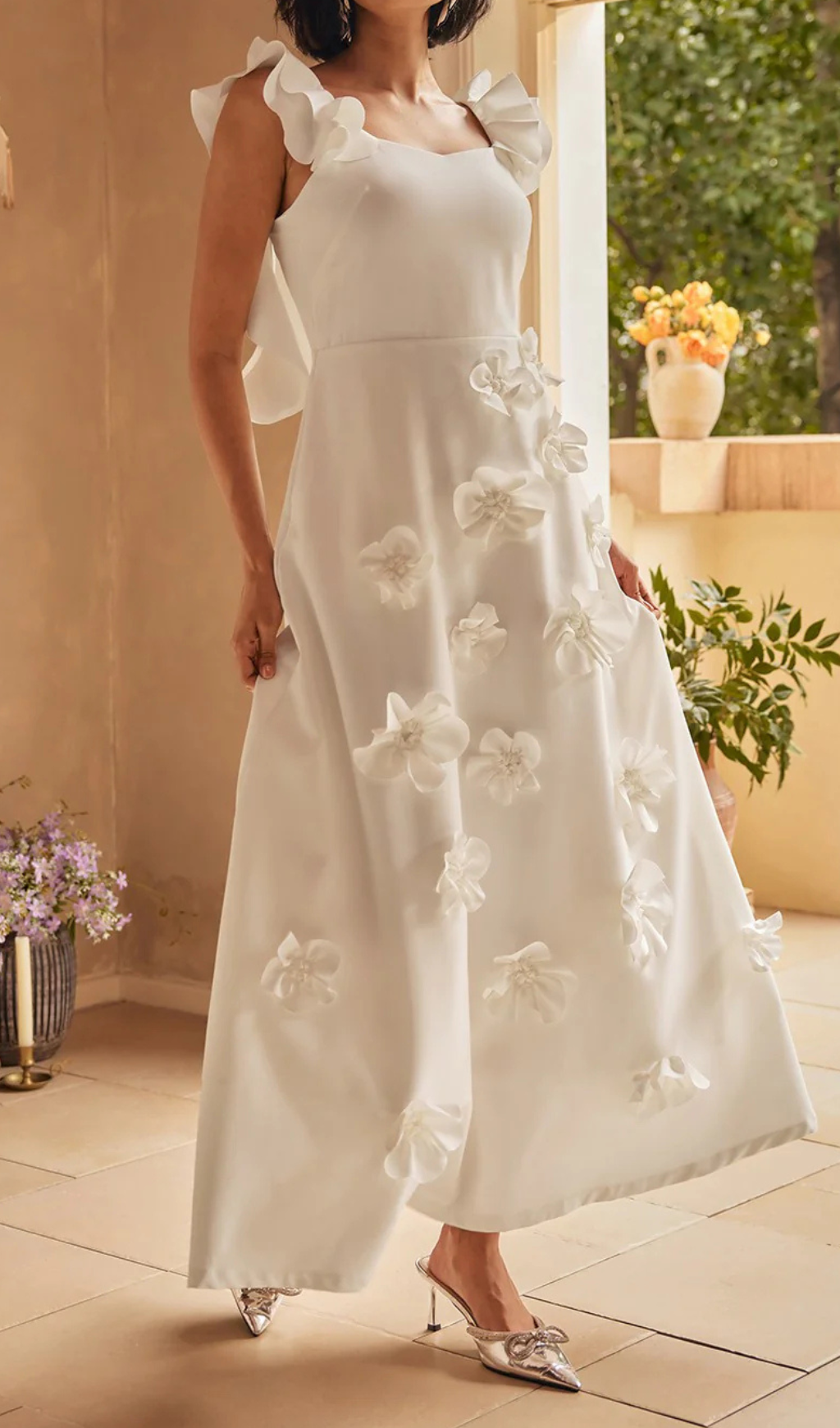 Elegant White Floral Ruffle Trim Strap Midi Dress - Perfect for Summer Weddings, Garden Parties & Date Nights
