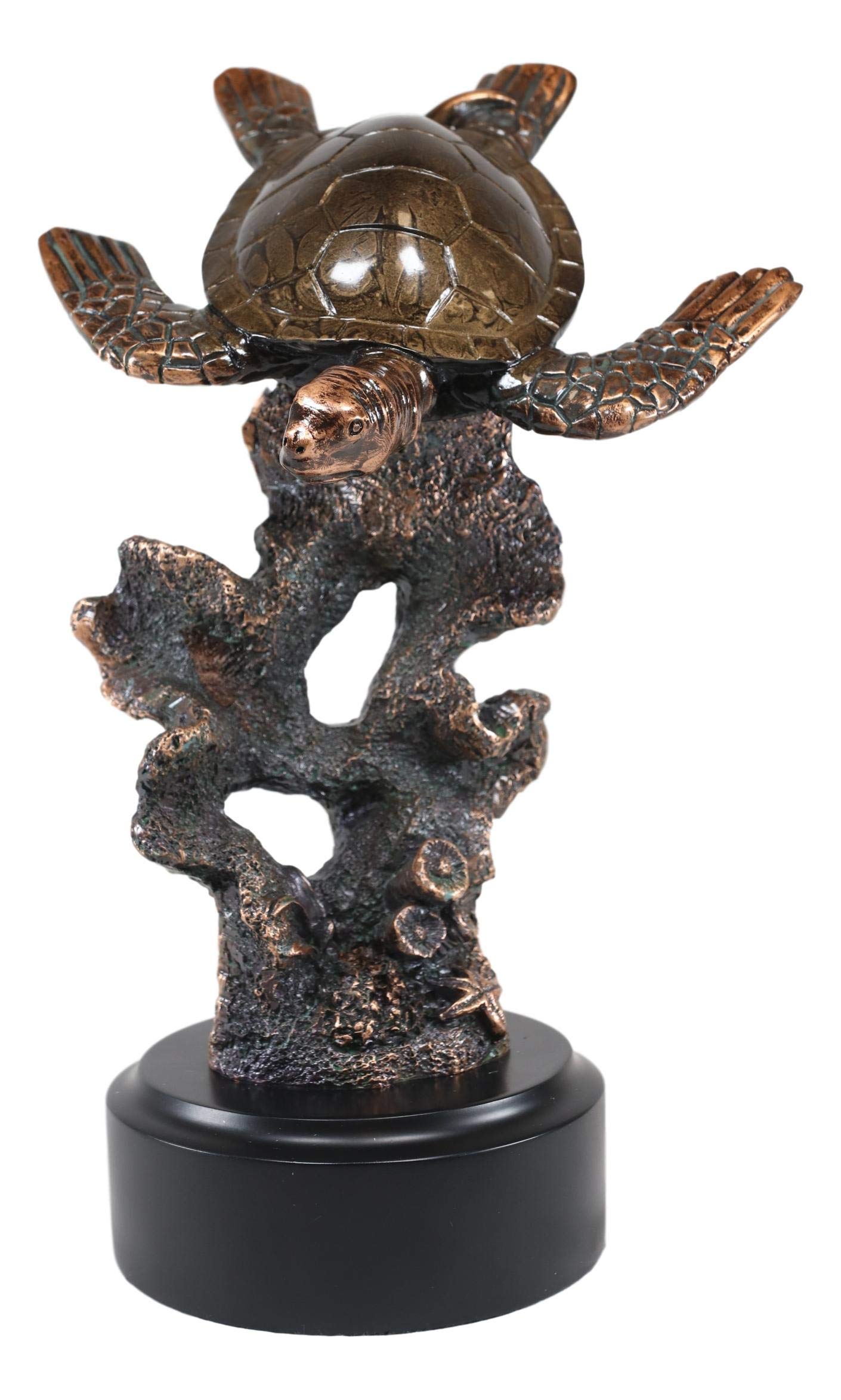 Ebros Bronze Electroplated Resin Sea Turtle Statue - Marine Life Decor with Coral Reef Base | Perfect for Ocean-Themed Home Decor, Aquarium Display & Beach House Accents