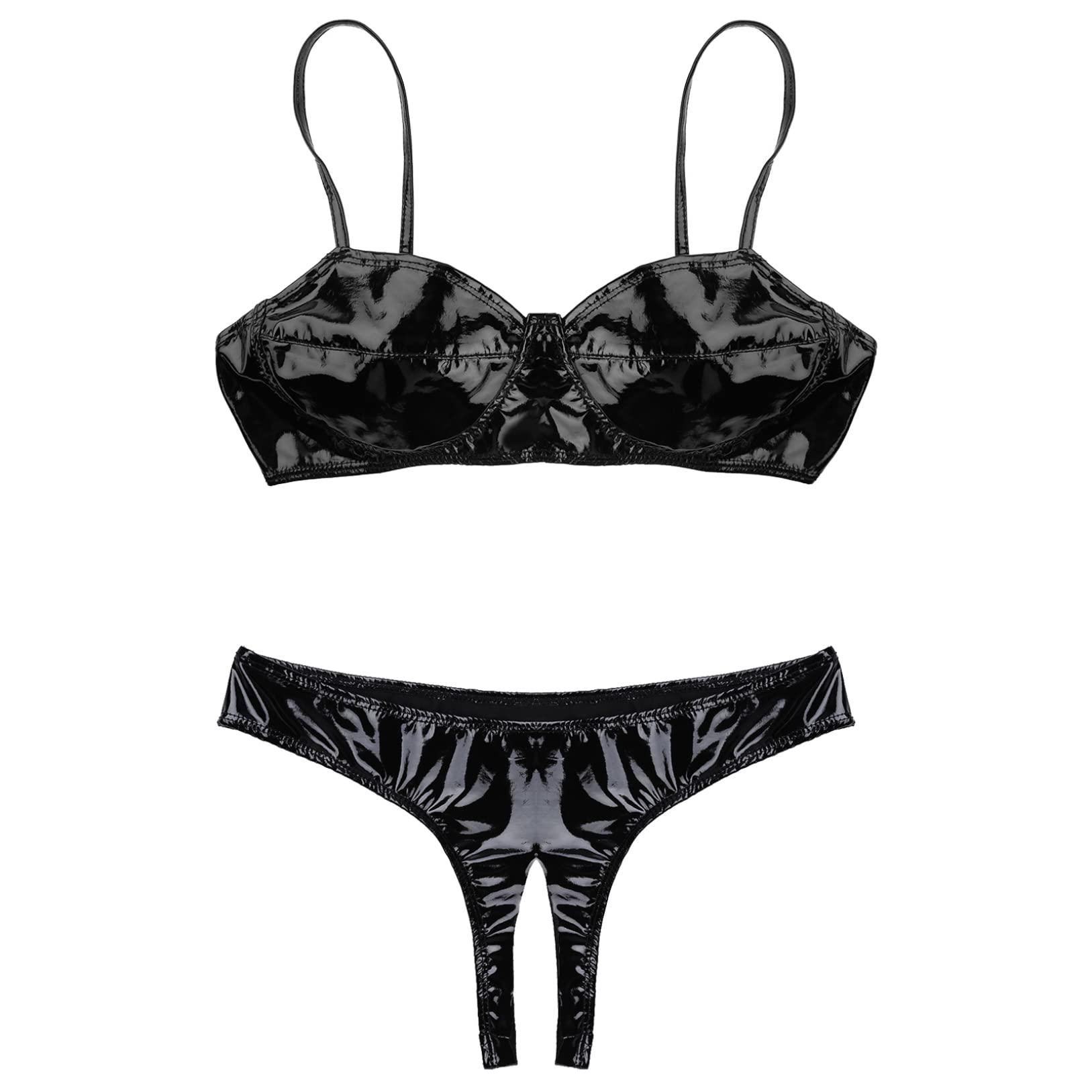 Hularka Women's Lingerie PVC Wet Look Bikini Set - Shiny Bra Top & Cutout Thong G-String Swimsuits for Pool Party, Beach Vacation & Nightclub Outfits
