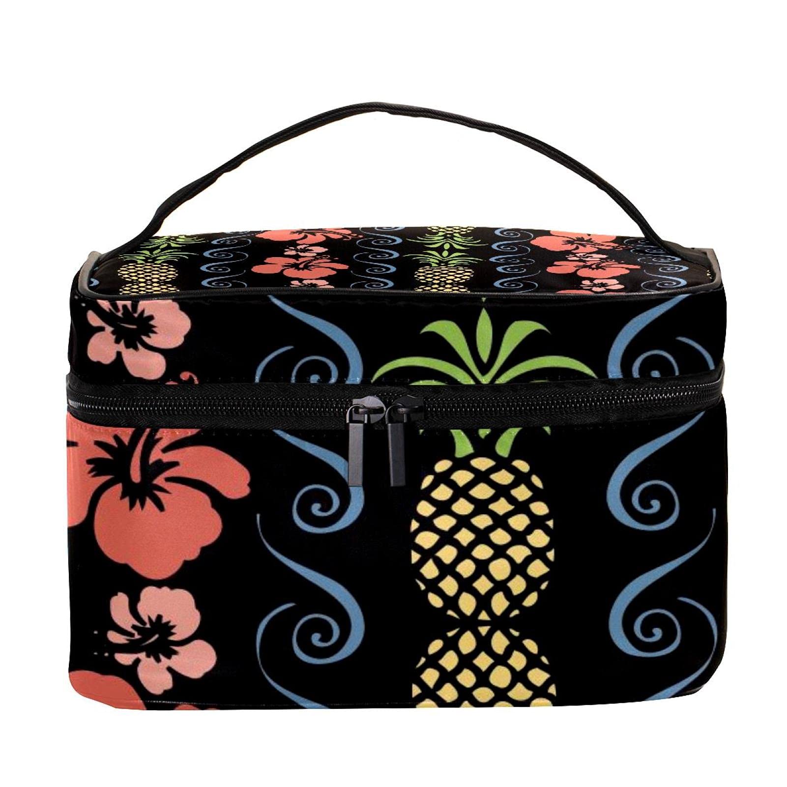 Vintage Tropical Floral Pineapple Print Large Travel Makeup Bag - Waterproof Cosmetic Organizer with Zipper for Women & Girls - Perfect for Vacation, Beach Trips and Daily Use
