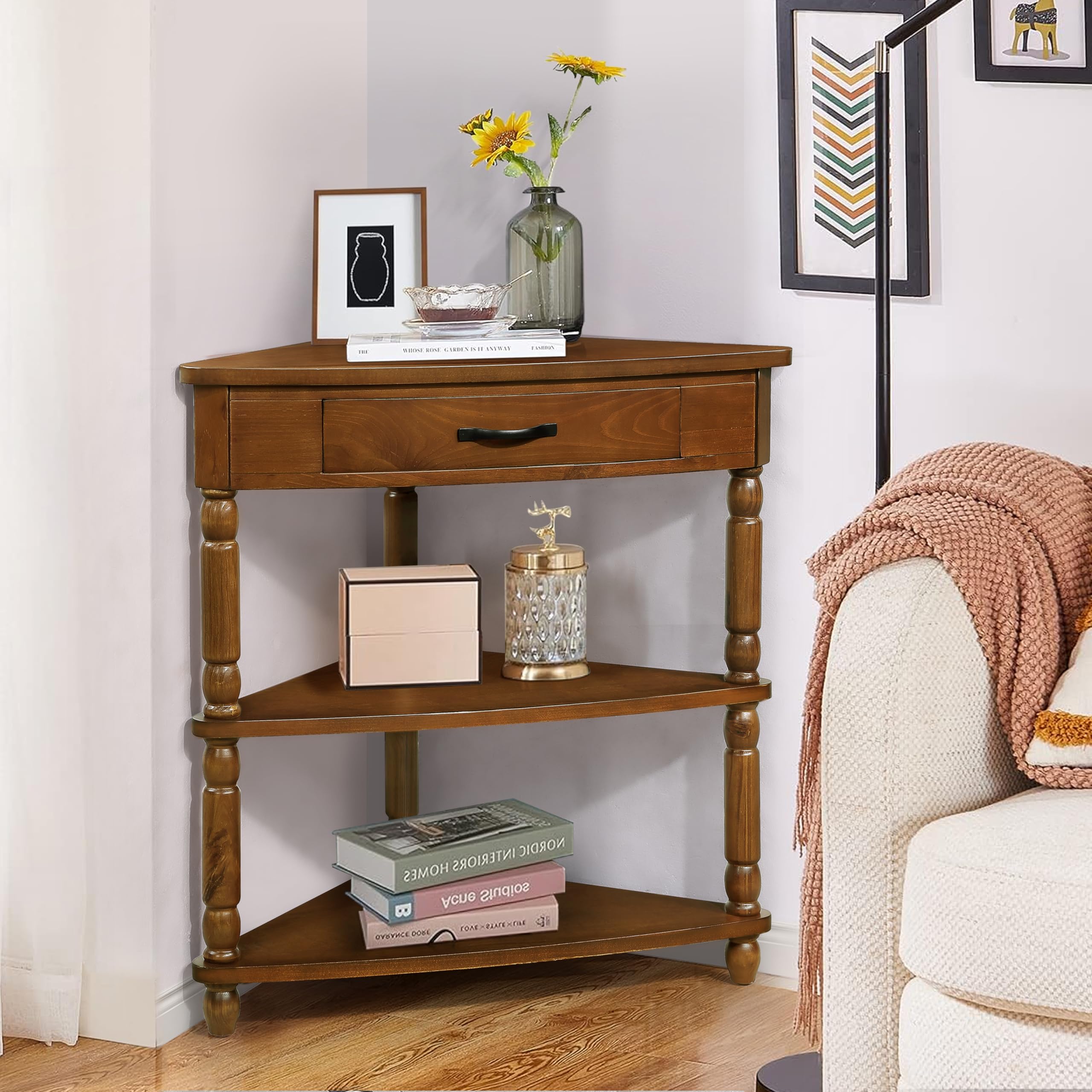 Knocbel Small Space Corner Table - Triangle Side Table with Drawer & Storage Shelves, Easy Assembly TV Stand for Living Room, Bedroom, Office (Brown) | Compact & Stylish Furniture for Apartments, Dorms