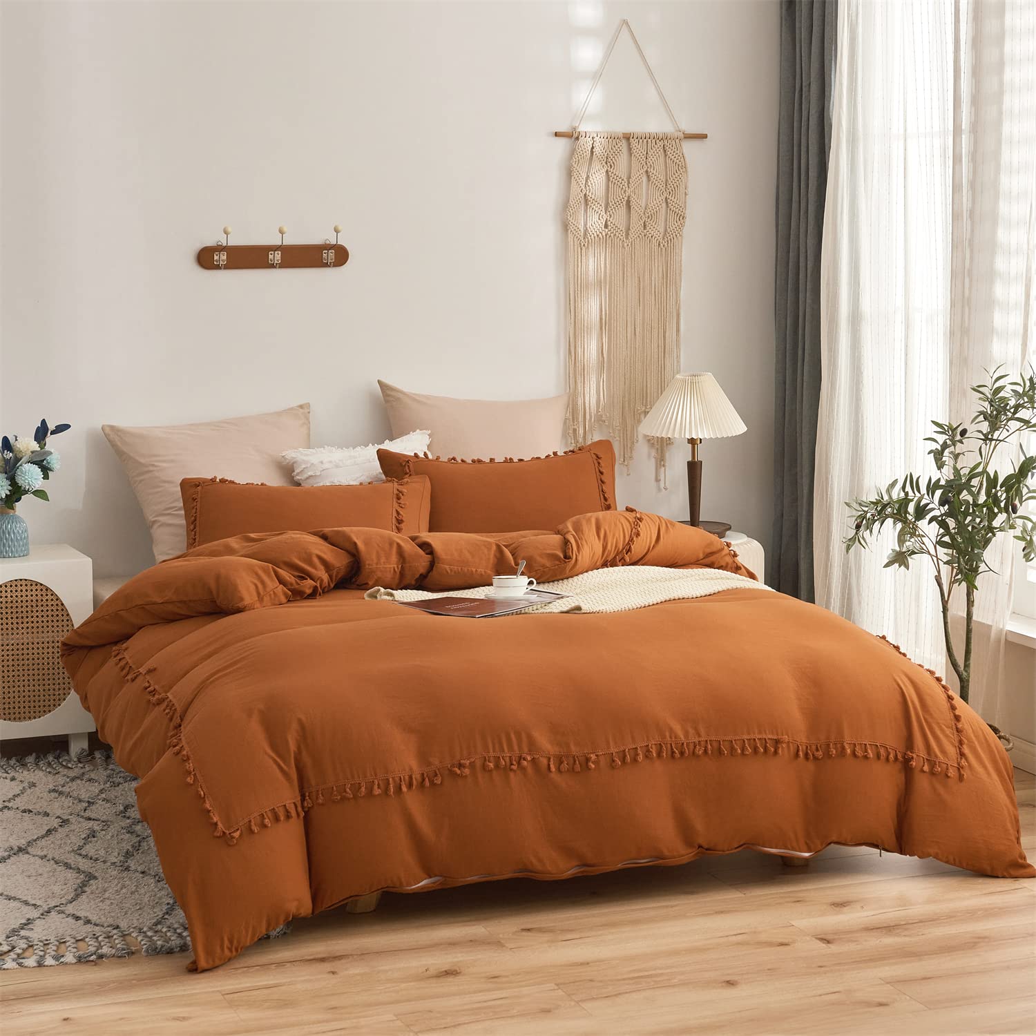 Terracotta Orange Boho Chic King Size Duvet Cover - 100% Washed Microfiber, Lightweight All-Season Farmhouse Bedding with Tufted Tassel Fringe | Perfect for Master Bedroom, Guest Room & Bohemian Home Decor
