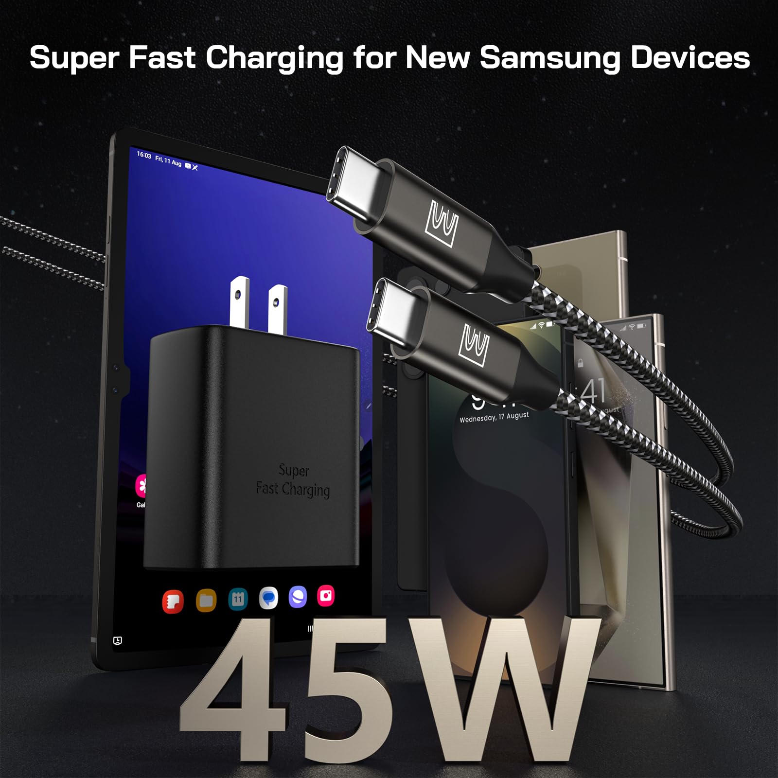 45W Super Fast USB-C Wall Charger [2 Pack] with 2X 12ft Cables - PD/PPS Compatible for Samsung Galaxy S23/S22/S20/Note 10 Series & Tab S8 - Perfect for Home, Office & Travel Charging