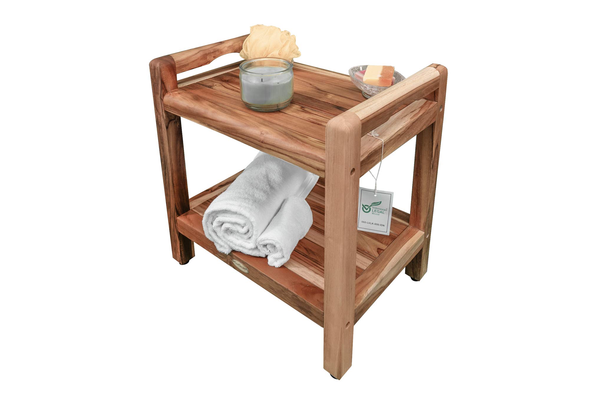 EcoDecors Eleganto 20 Inch Waterproof Teak Wood Shower Bench - Non-Slip Bathroom Stool with Storage for Safety & Organization - Perfect for Elderly, Spa & Small Bathrooms