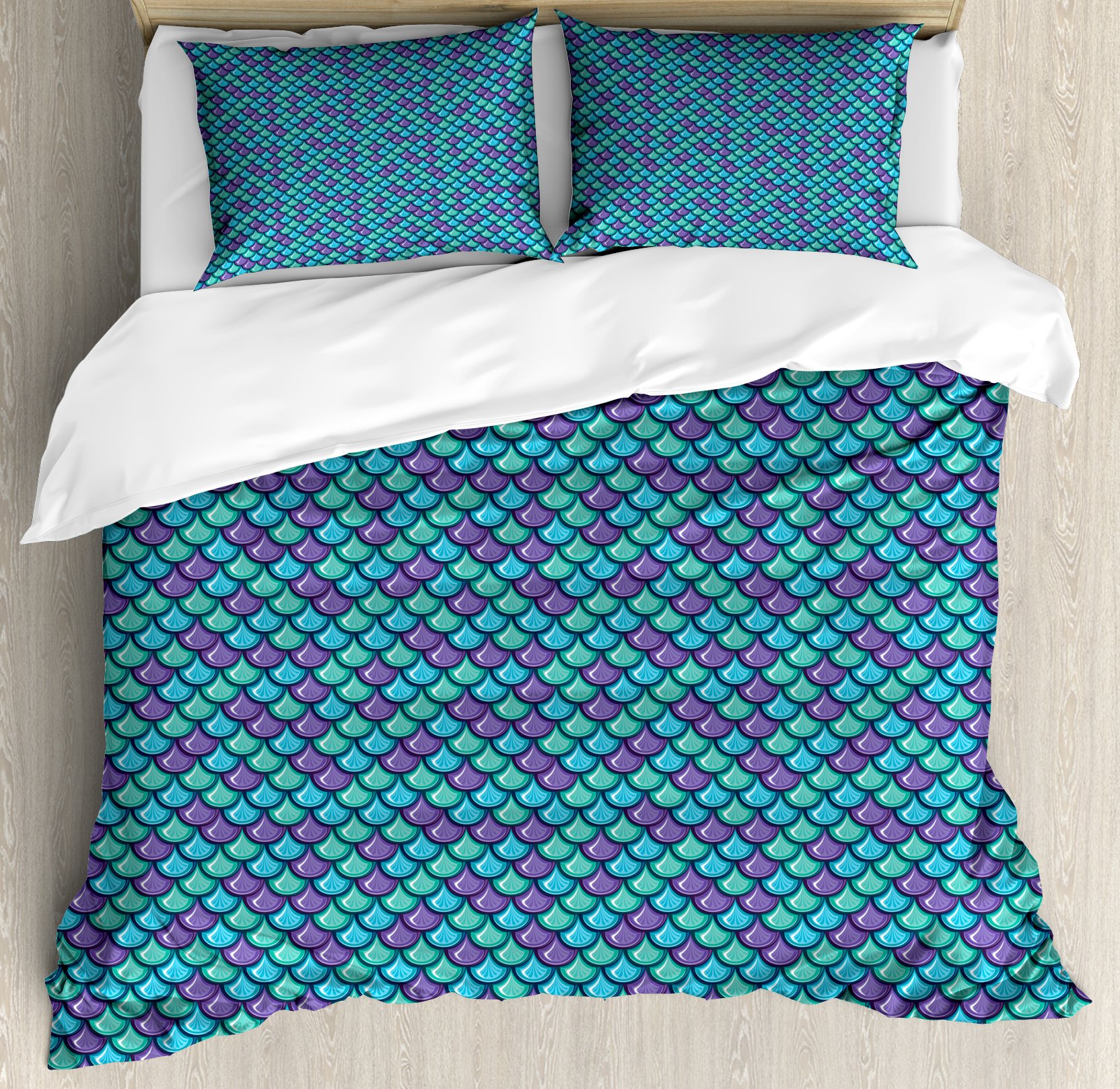 Ambesonne King Size Duvet Cover Set - Blue Violet Sea Green Dragon Scale Fish Pattern, 3 Piece Marine Animal Themed Bedding with 2 Pillow Shams | Ocean Inspired Decor for Coastal, Nautical or Underwater Bedroom Themes