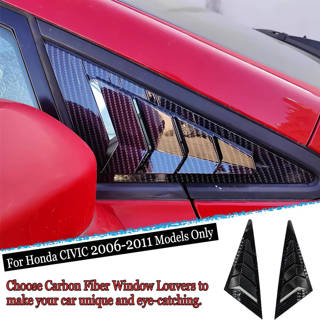 2Pcs ABS Carbon Fiber Side Window Louvers Air Vent Scoop Shades for 2006-2011 Honda Civic - Sporty Interior Accessories to Reduce Glare & Enhance Style (Fits Sedan/Coupe Models)