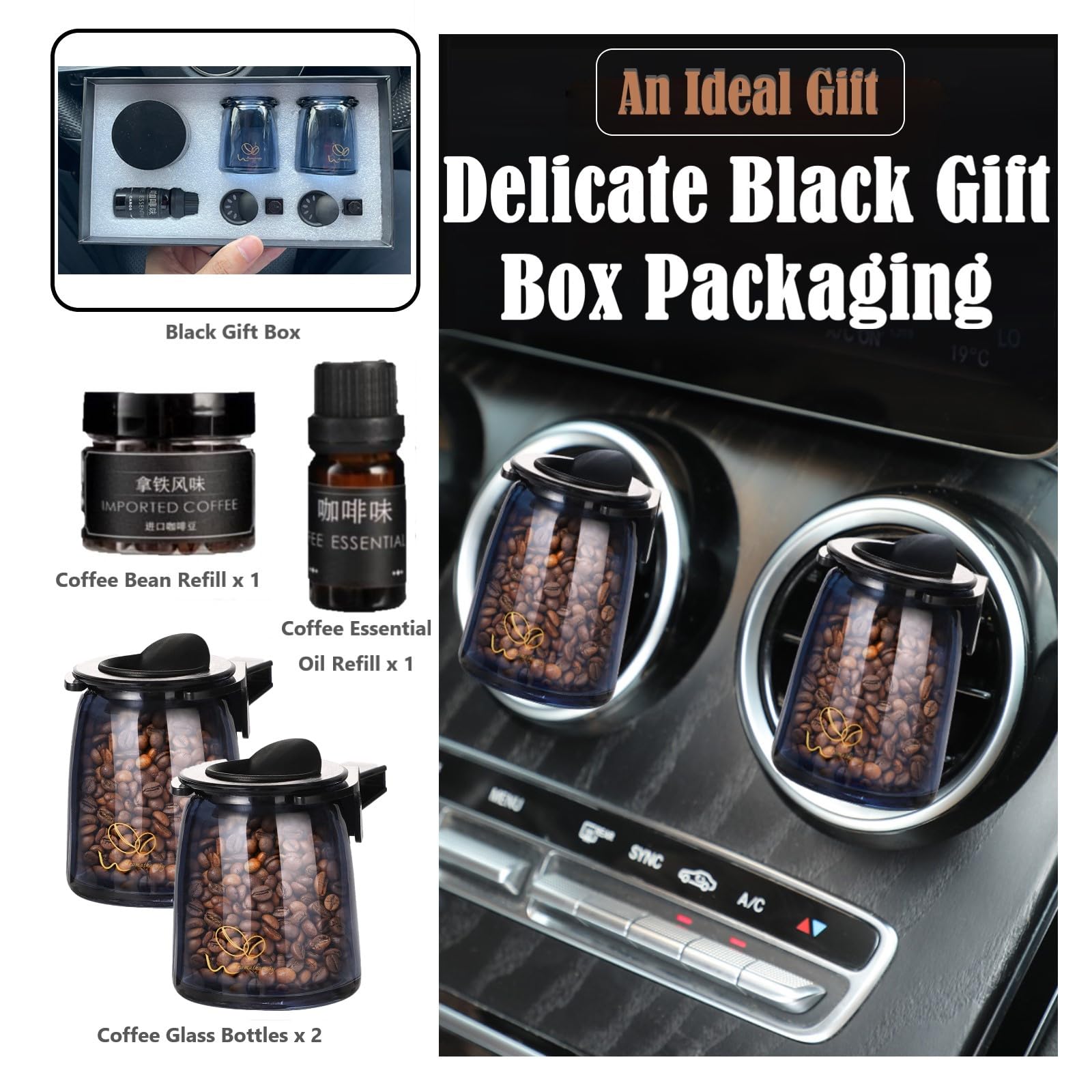 Premium Coffee Scented Car Air Freshener with Vent Clip - 2 Pack Refillable Natural Coffee Bean Fragrance, Eliminates Odors & Freshens Vehicle - Perfect Car Accessory Gift for Men & Women (Latte Scent) - Ideal for Commuting, Road Trips & New Cars