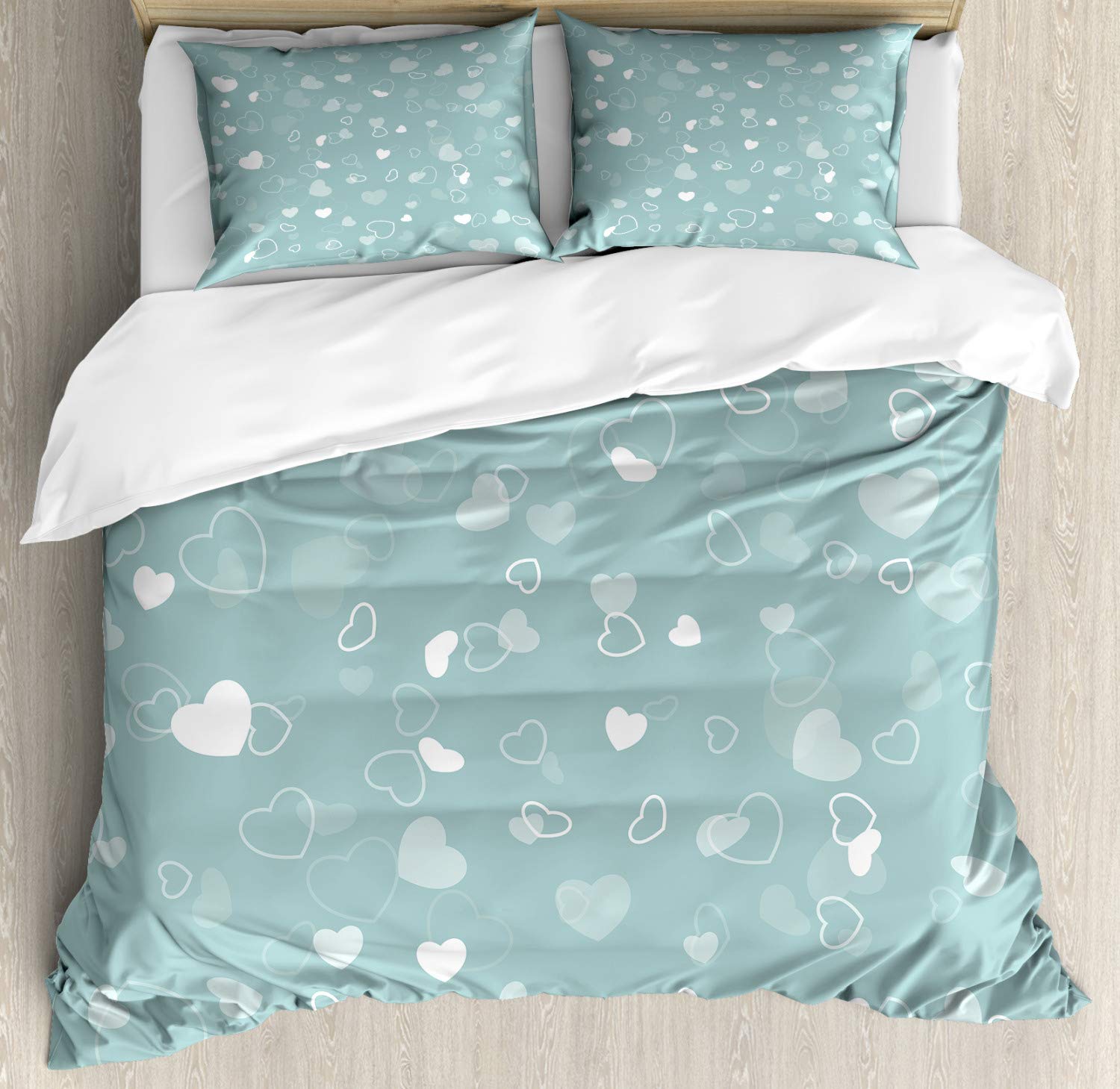 Ambesonne Seafoam Duvet Cover Set - Romantic Heart Motif Abstract Design 3-Piece Bedding with 2 Pillow Shams, California King Size, Pale Blue Seafoam - Perfect for Valentine's Day Gifts, Master Bedroom Decor & Coastal Theme Bedrooms