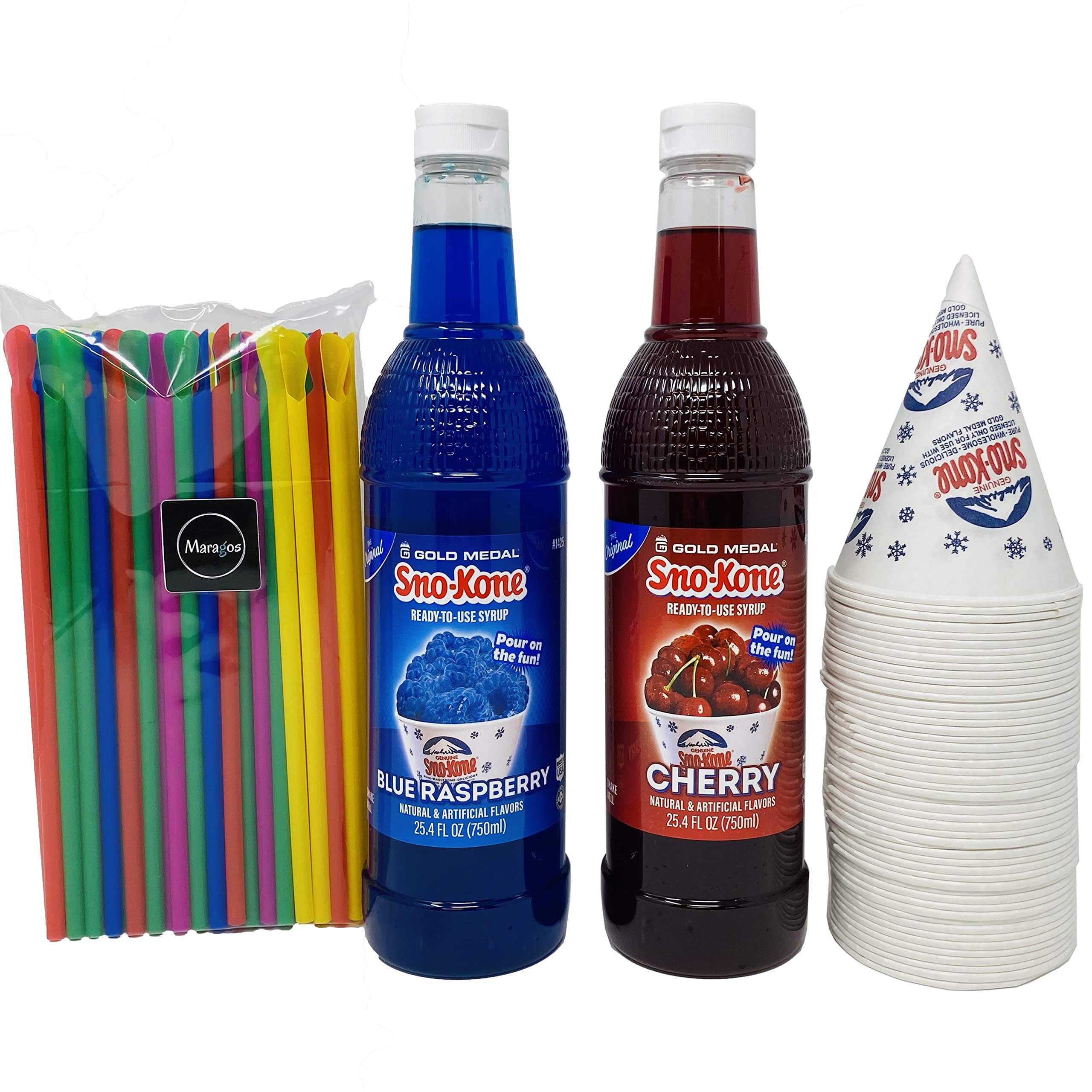 Maragos Snow Cone Maker Kit with 750ml Sno-Kone Syrup, 4 Original Cups & Spoon Straws - Perfect for Summer Parties, Kids Treats & Carnival Events