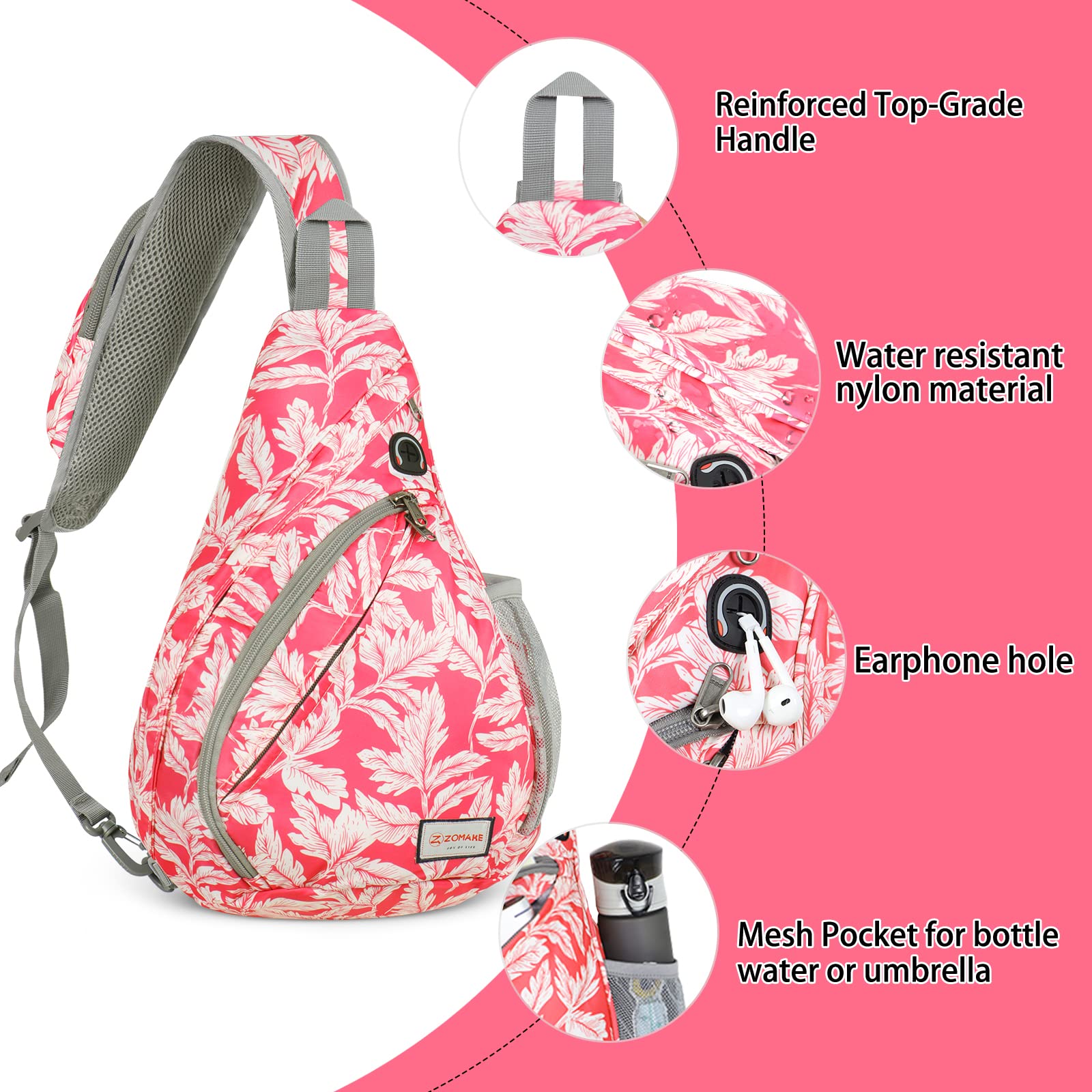 ZOMAKE Waterproof Sling Bag for Travel & Hiking - Anti-Theft Crossbody Backpack (Fuchsia White Leaf)