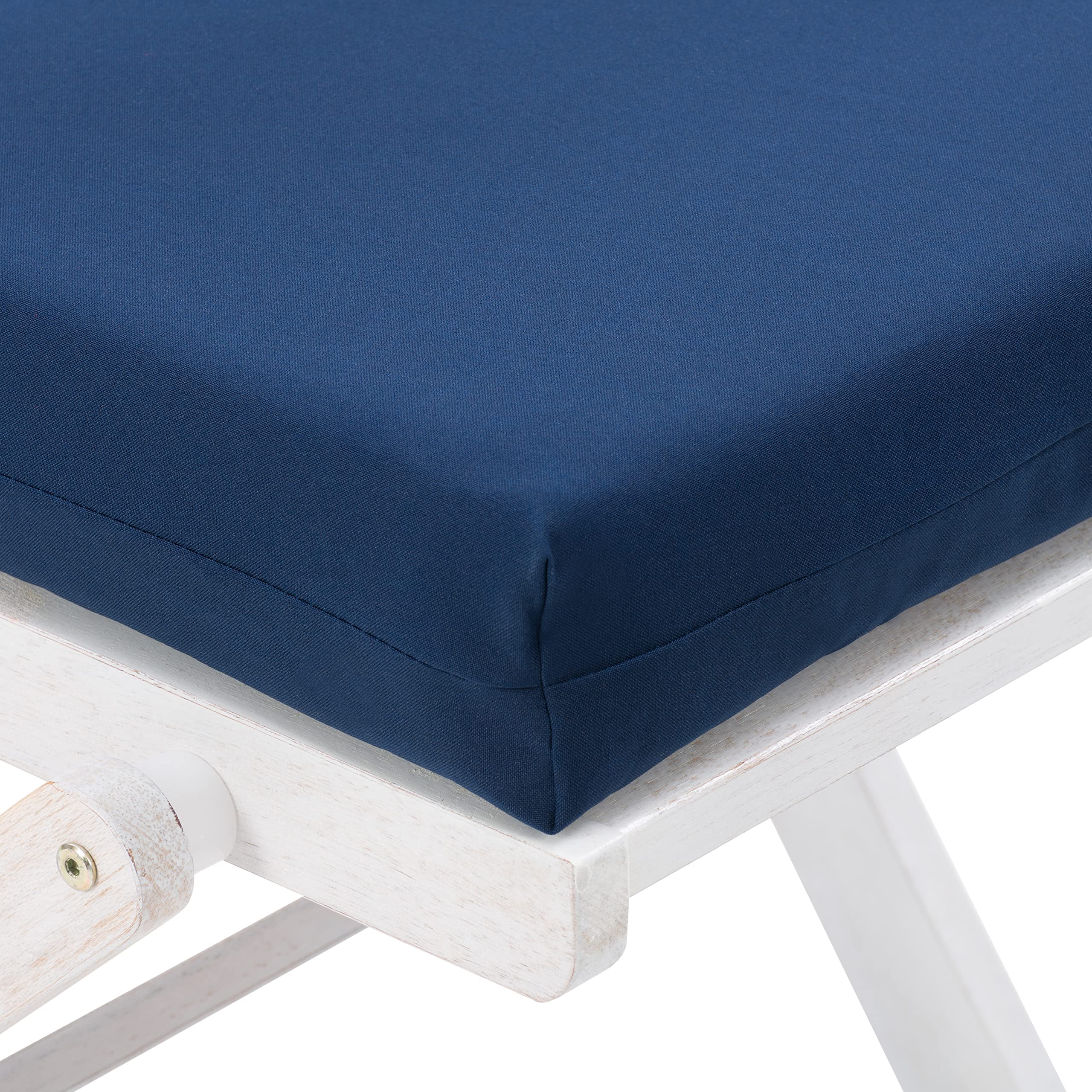 CorLiving Miramar White Wood Folding Patio Chairs with Blue Cushions - Set of 2 Outdoor Dining Chairs for Garden, Poolside, and Backyard Relaxation