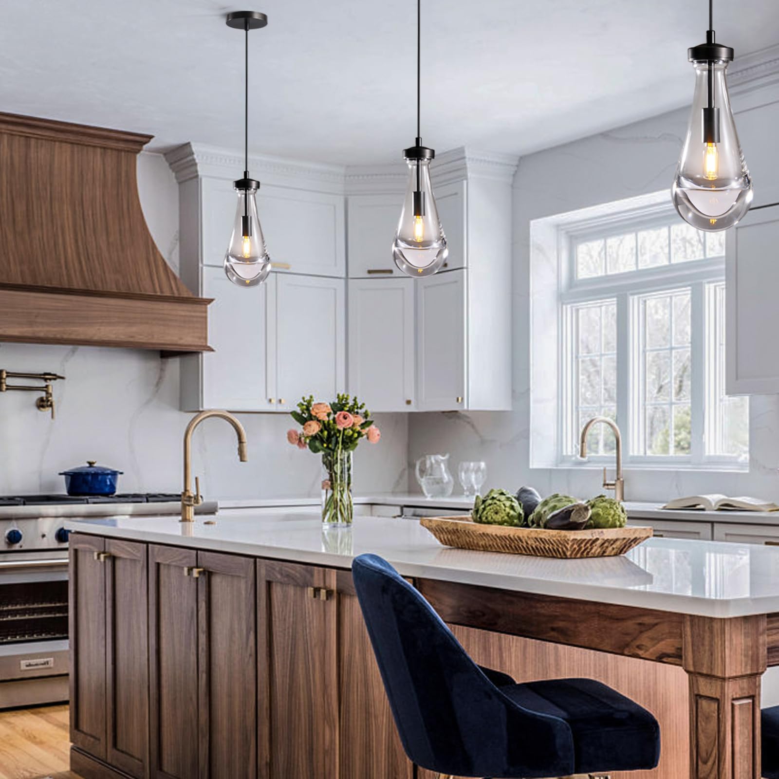 Modern Black Brass Raindrop Pendant Lights for Kitchen Island, Dining Room & Living Room - Elegant Chandelier Lighting Fixture with Included Bulb - Perfect for Home, Restaurant & Cafe Decor