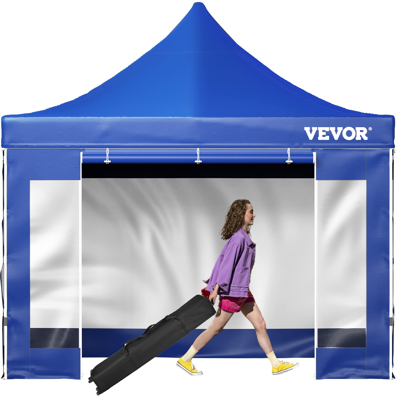 VEVOR 10x10 Pop Up Canopy Tent with Removable Sidewalls & Wheeled Carry Bag - Instant Portable Shelter for Outdoor Events, UV-Resistant Waterproof Gazebo for Camping, Parties, Farmers Markets, Beach & Backyard Gatherings - Blue Commercial Grade Canopy Tent