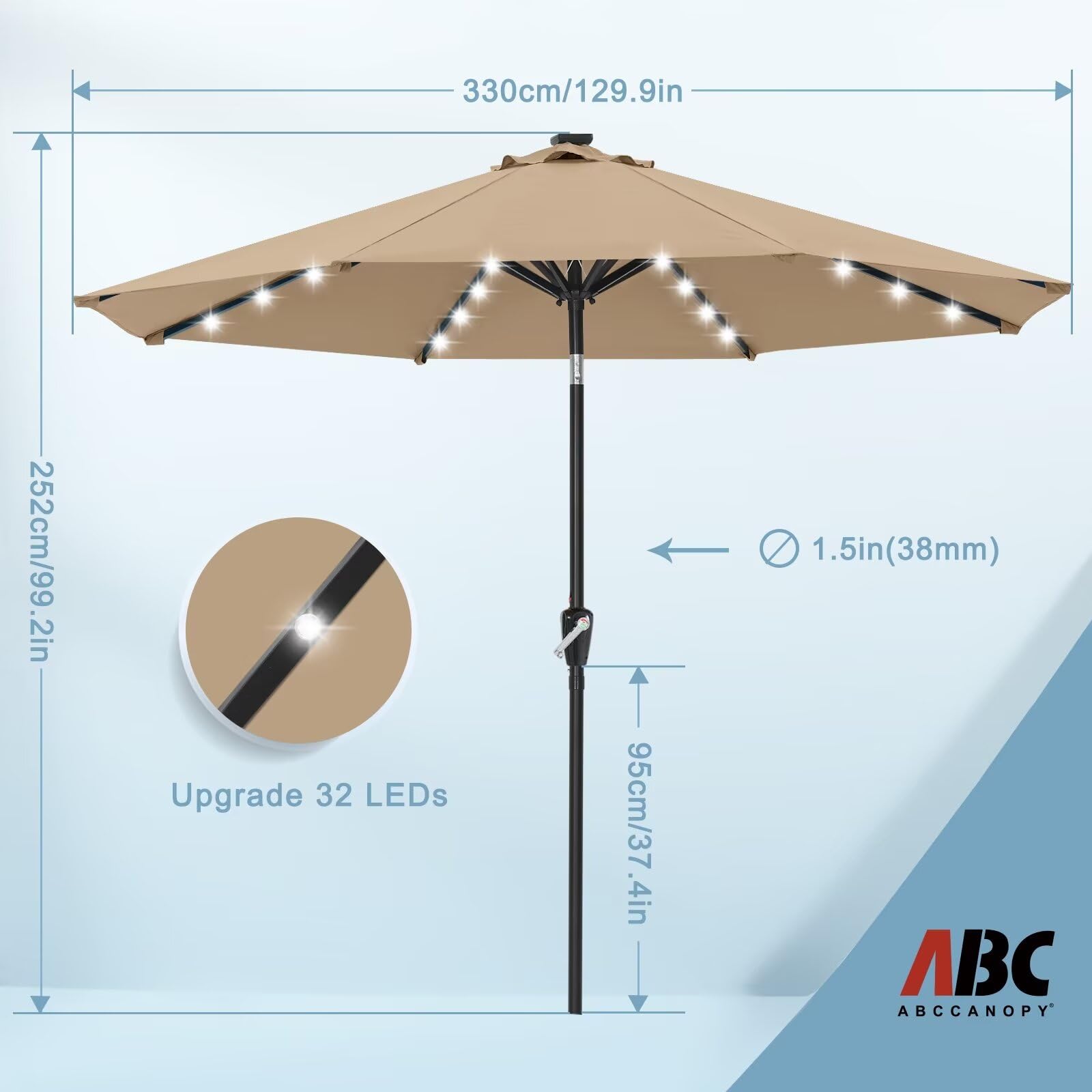 ABCCANOPY 11FT Solar LED Patio Umbrella with 32 Lights - Durable Outdoor Shade Umbrella for Garden, Poolside & Backyard (Khaki) | Weather-Resistant & Auto On/Off for Evening Gatherings