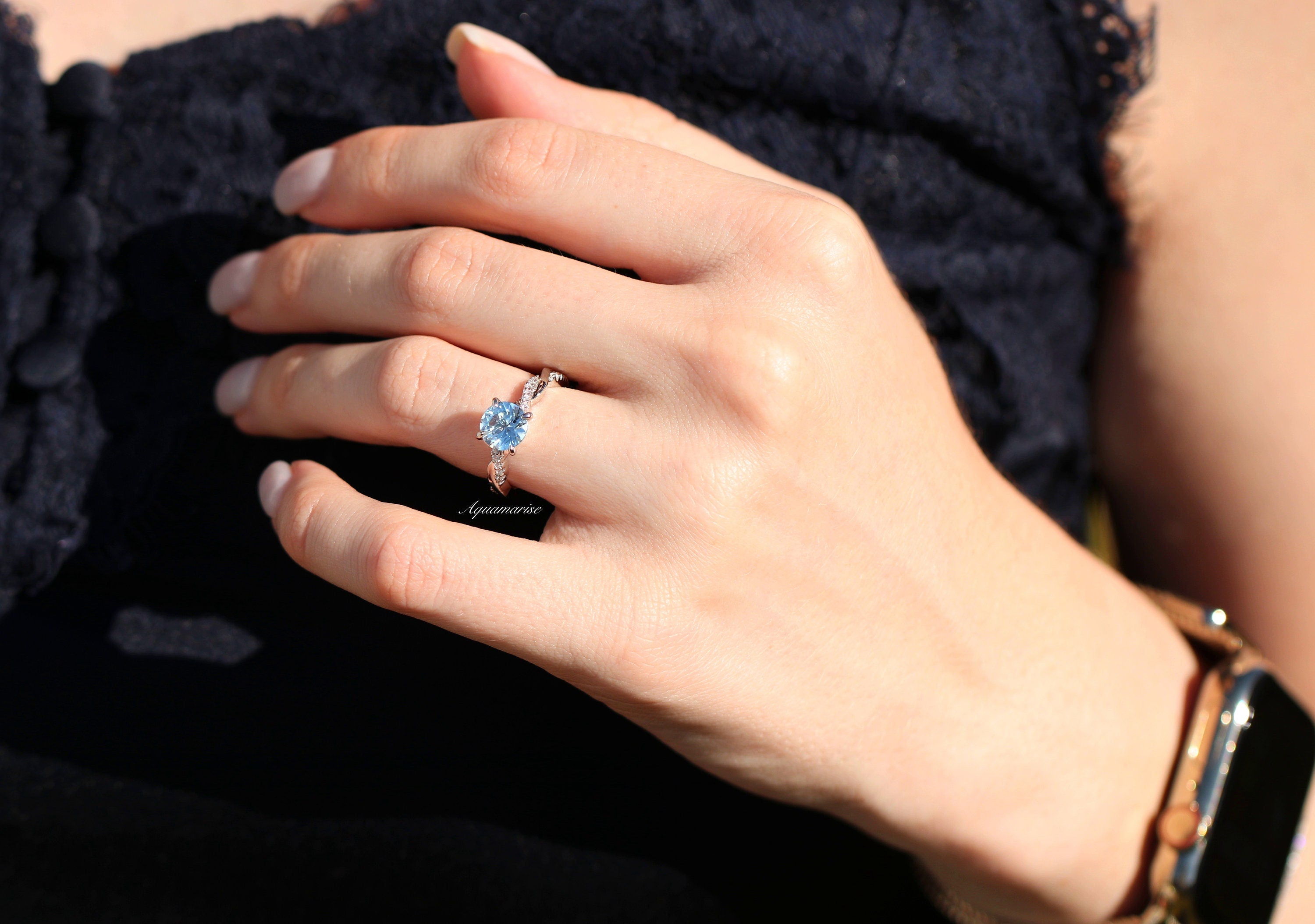Sophia Twisted Vine Aquamarine Ring - Sterling Silver Jewelry for Women, Elegant Birthstone Gift for March, Perfect for Weddings & Special Occasions
